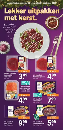 Alle AH Excellent Greenfields carpaccio, Carpaccio per stuk - Voorbeeld van een folder van Albert Heijn, geldig van 20.12.2025 | Pagina: 7 | Producten: Zalm, Calvados, Was