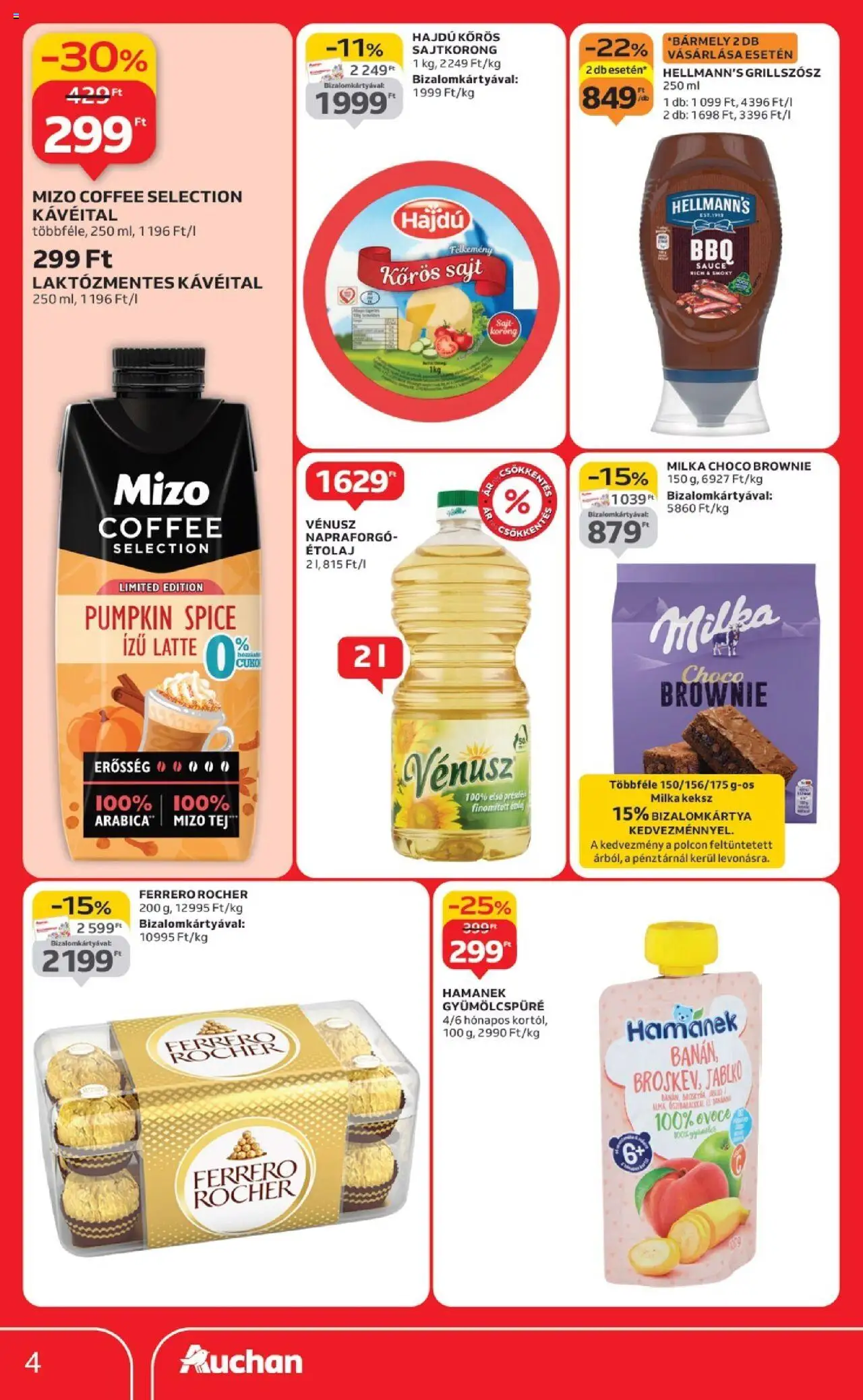 Auchan akciós ujság - amely érvényes a következő dátumtól: 18.09.2025 | Oldal: 4 | Termékek: Ferrero rocher, Tej, Brownie, Keksz
