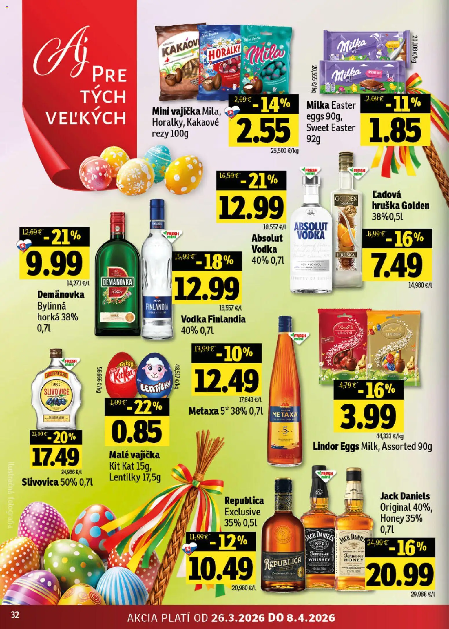 Nové Fresh akcie – leták je platný od 26.03.2026 | Strana: 32 | Produkty: Slivovica, Absolut vodka, Finlandia, Horálky