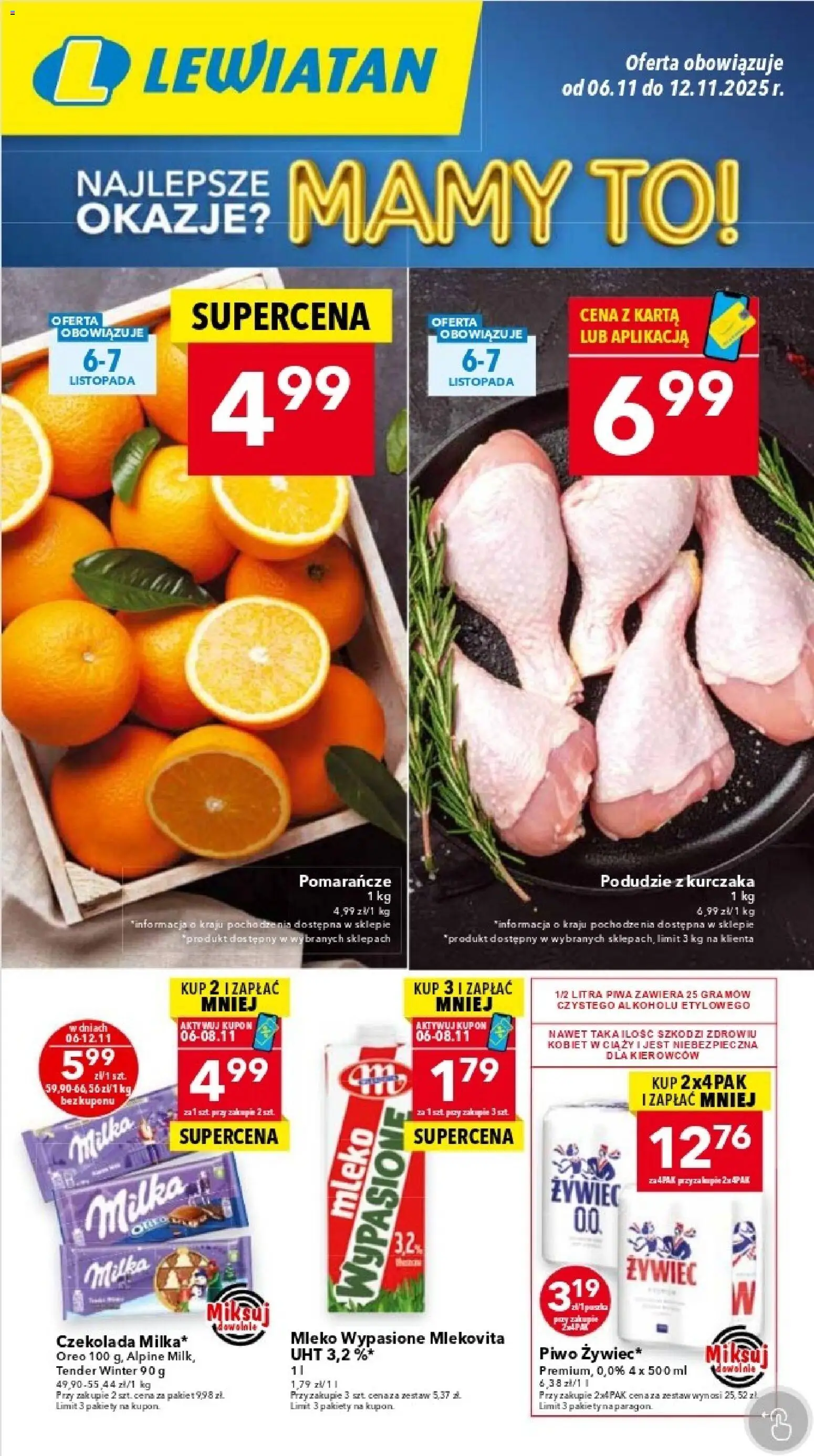 Lewiatan gazetka - Warszawa od 06.11.2025 | Strona: 1 | Produkty: Podudzie z kurczaka, Mleko, Czekolada, Piwo