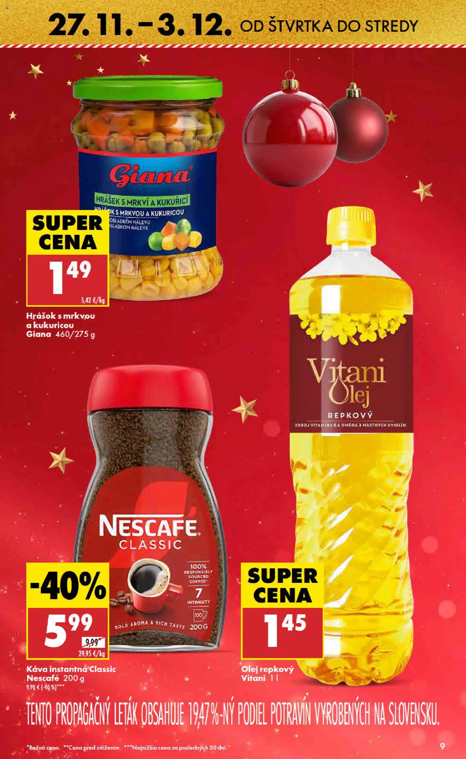 Nové Biedronka akcie – leták je platný od 27.11.2025 | Strana: 9 | Produkty: Olej, Káva, Hrášok, Nescafé Classic