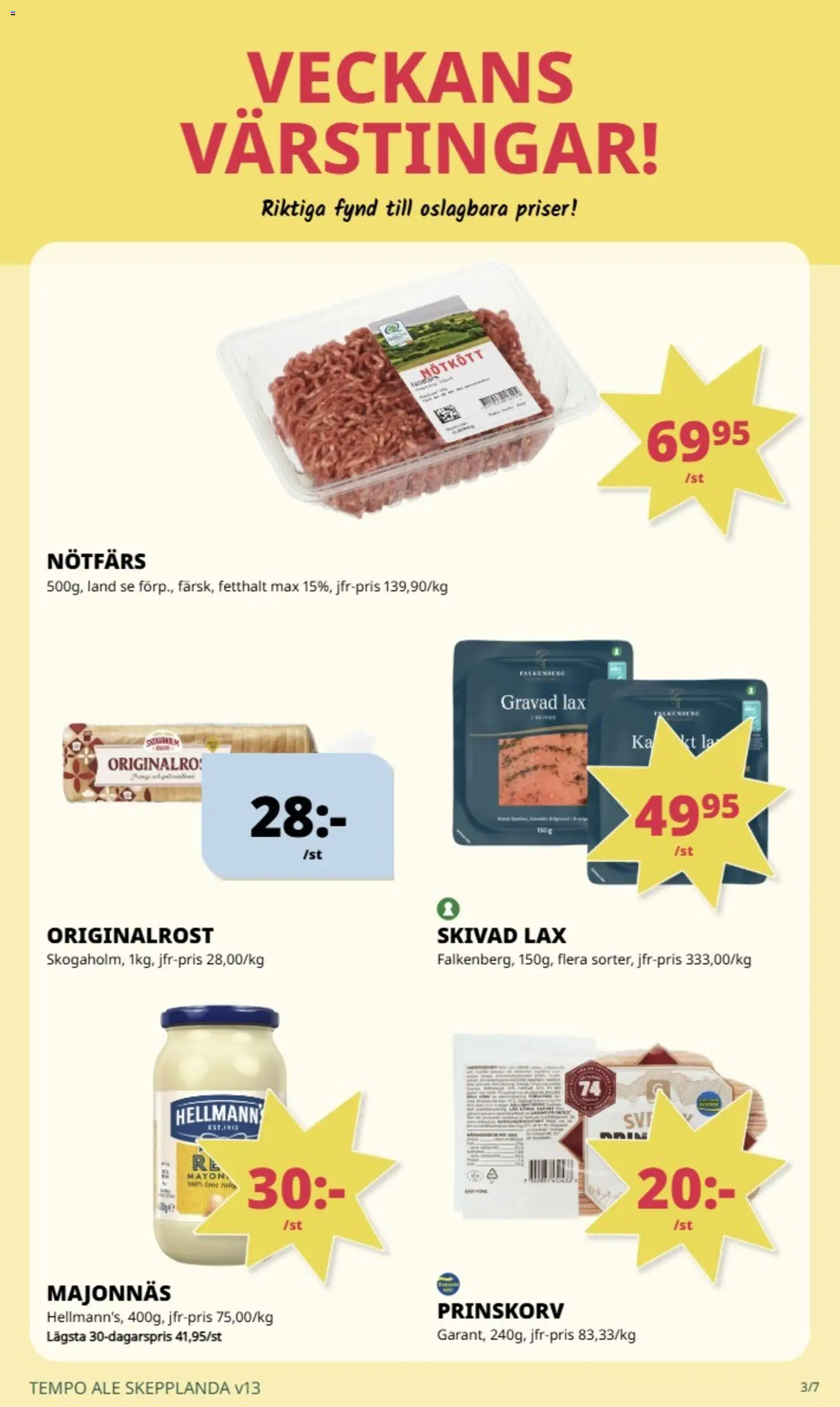 Tempo reklamblad aktuell från 30.03.2026 | Sida: 2 | Produkter: Prinskorv, Nötfärs, Lax, Majonnäs