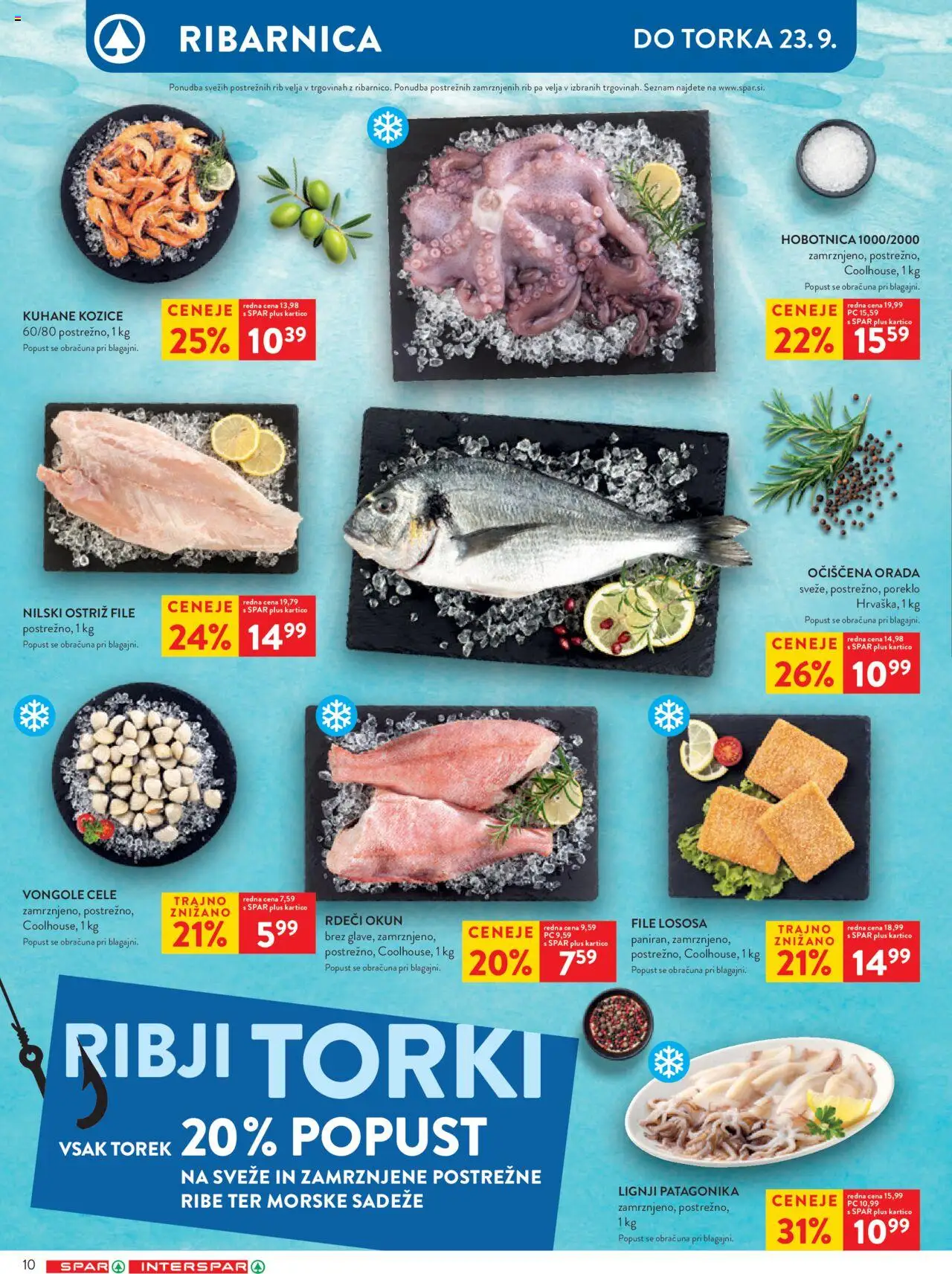 Novi Spar katalog ponudbe – veljaven od 17.09.2025 | Stran: 10 | Izdelki: Kozice, Hobotnica, Orada, Ribe
