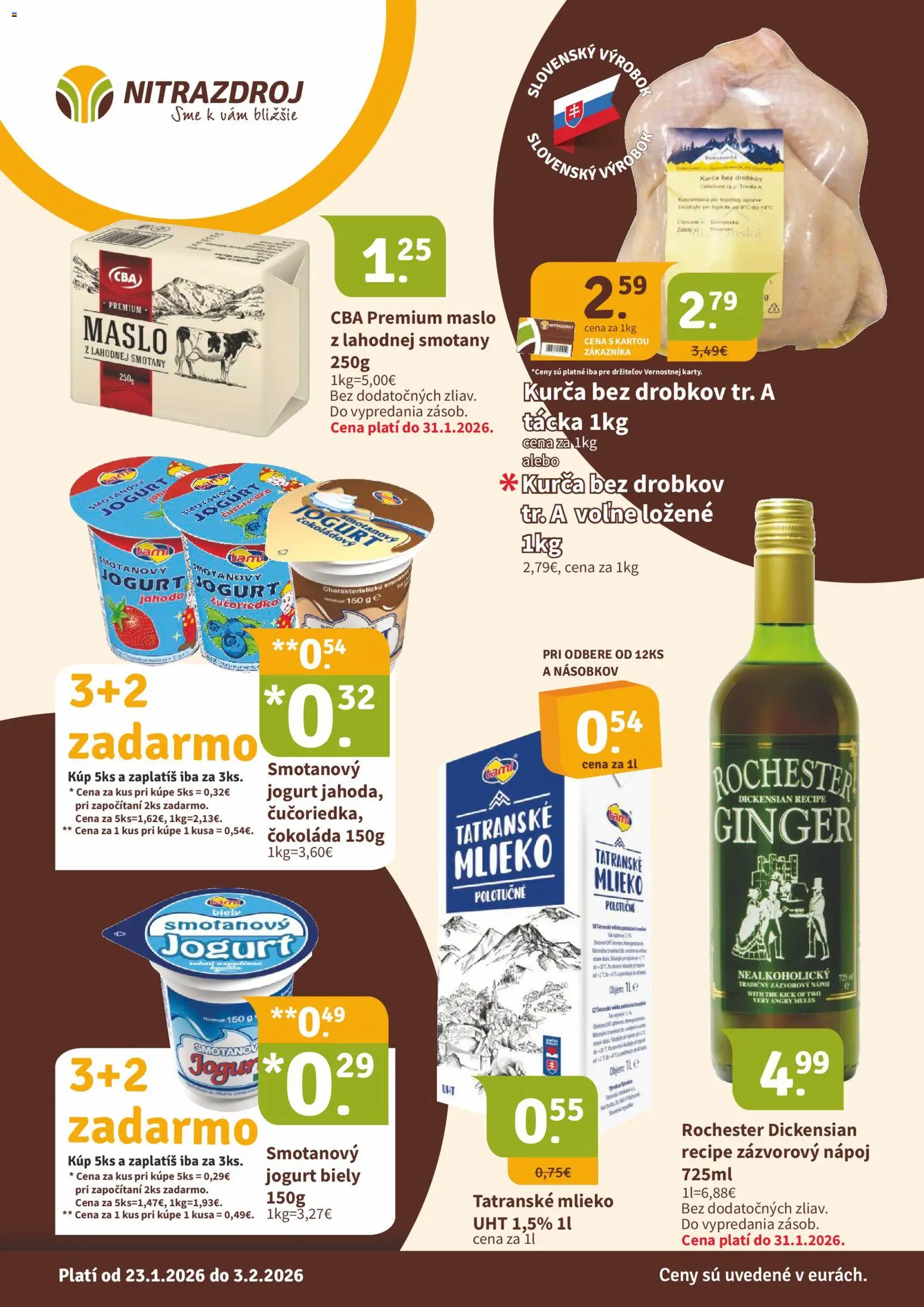 Nové Nitrazdroj akcie – leták je platný od 23.01.2026 | Strana: 1 | Produkty: Mlieko, Jogurt, Čokoláda, Kurča