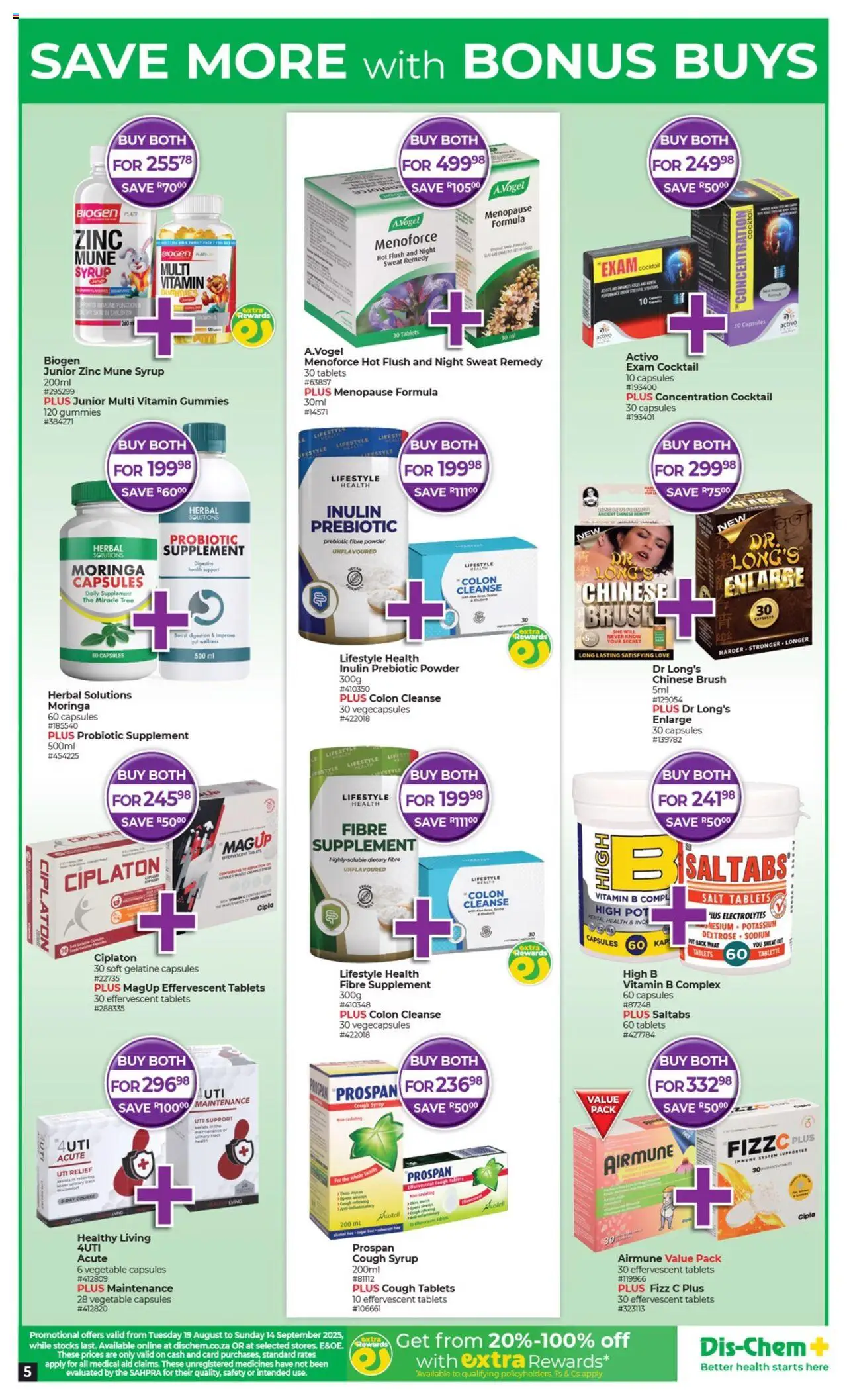 Dis-Chem Specials │ valid from 19.08.2025 | Page: 5 | Products: Cough syrup, Brush, Syrup, Salt