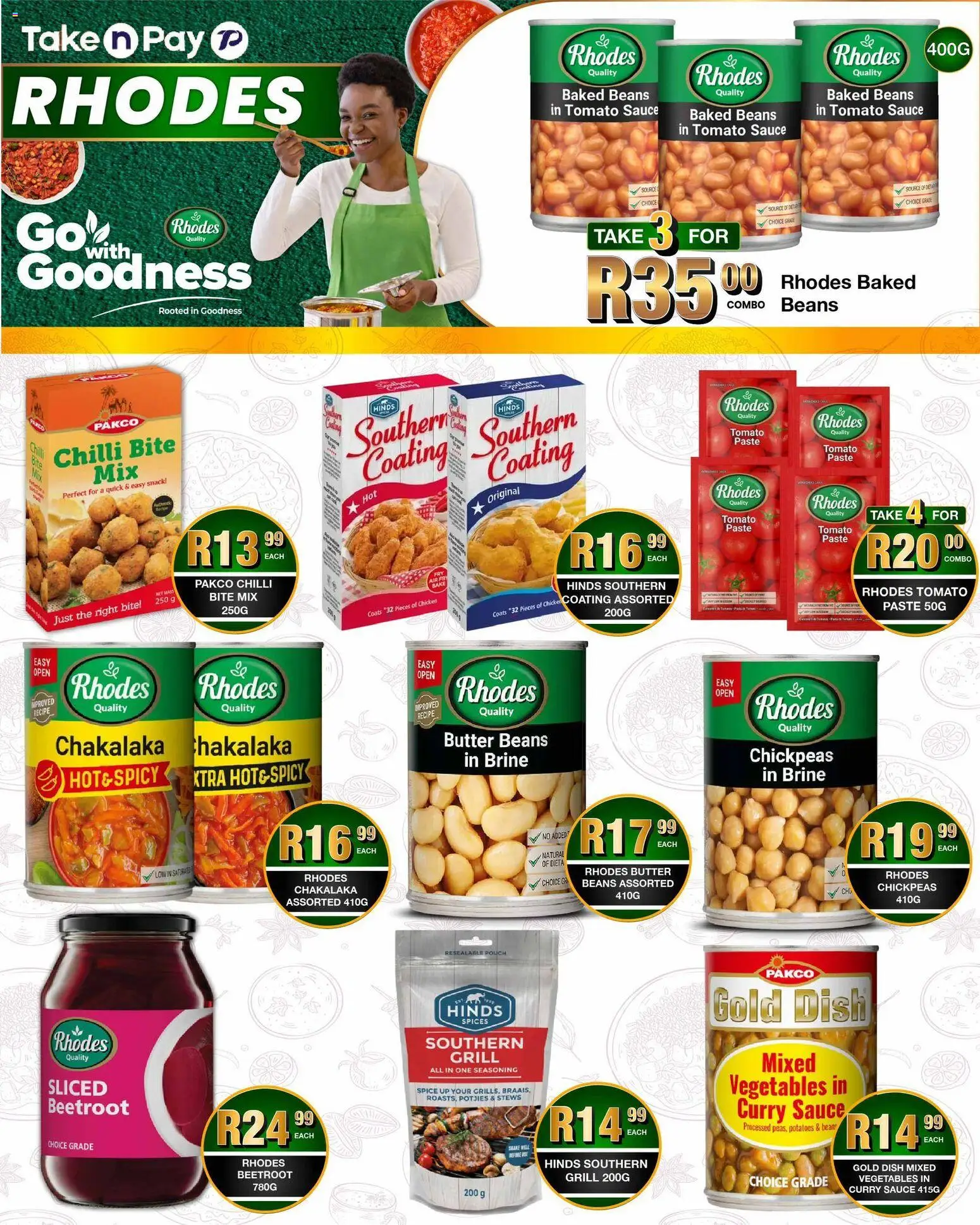 New Take n Pay catalogue – valid from 06.04.2026 | Page: 10 | Products: Baked beans, Butter, Tomato sauce, Vegetables