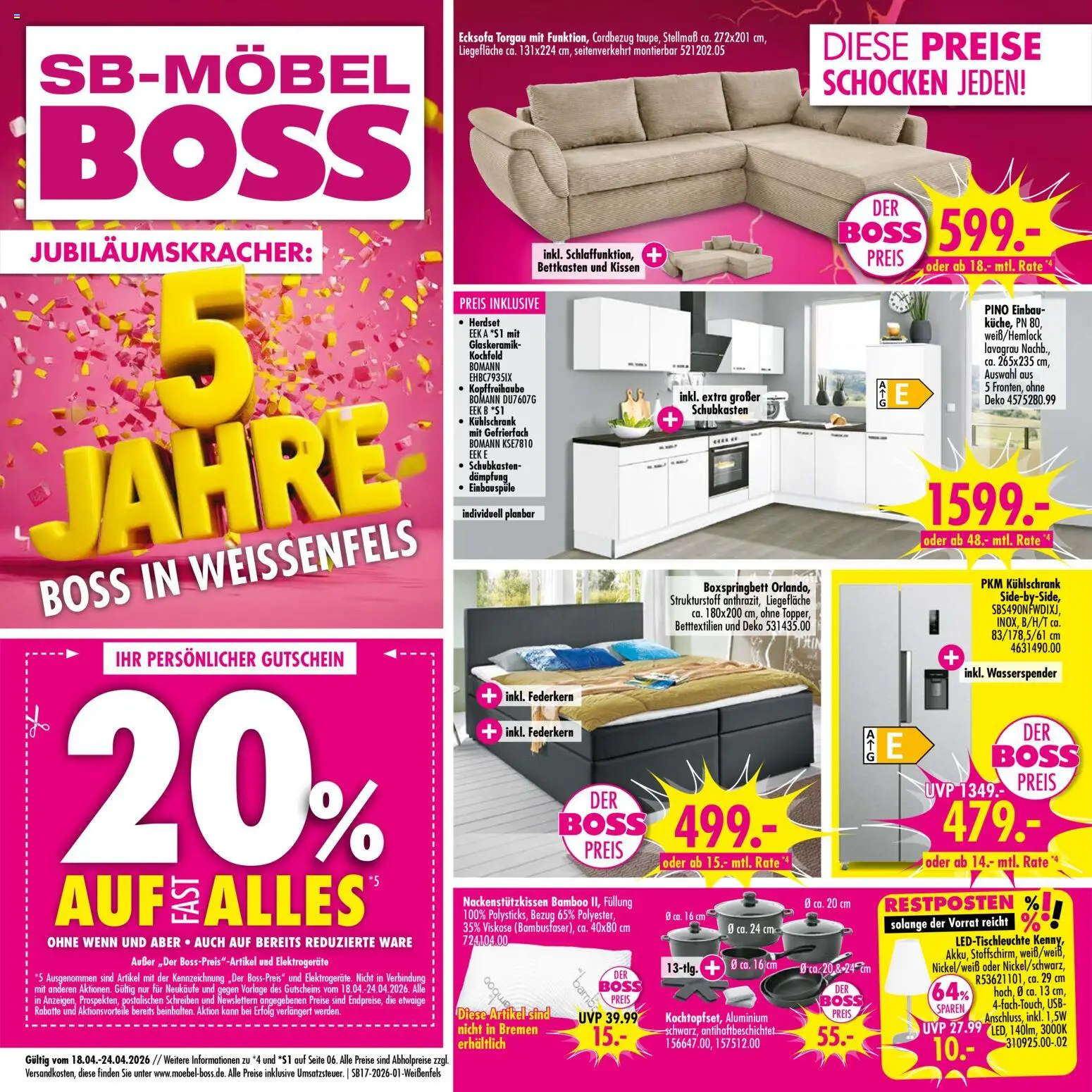 SB Möbel Boss Prospekt Weißenfels/Borau – gültig ab 18.04.2026 | Seite: 1 | Produkte: USB, Ecksofa, Boxspringbett, Kühlschrank