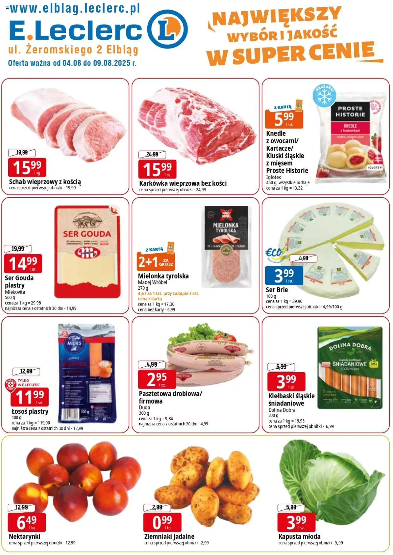 E.Leclerc Gazetka - Elbląg od 04.08.2025 | Strona: 1 | Produkty: Kapusta, Karta, Karkówka wieprzowa, Łosoś