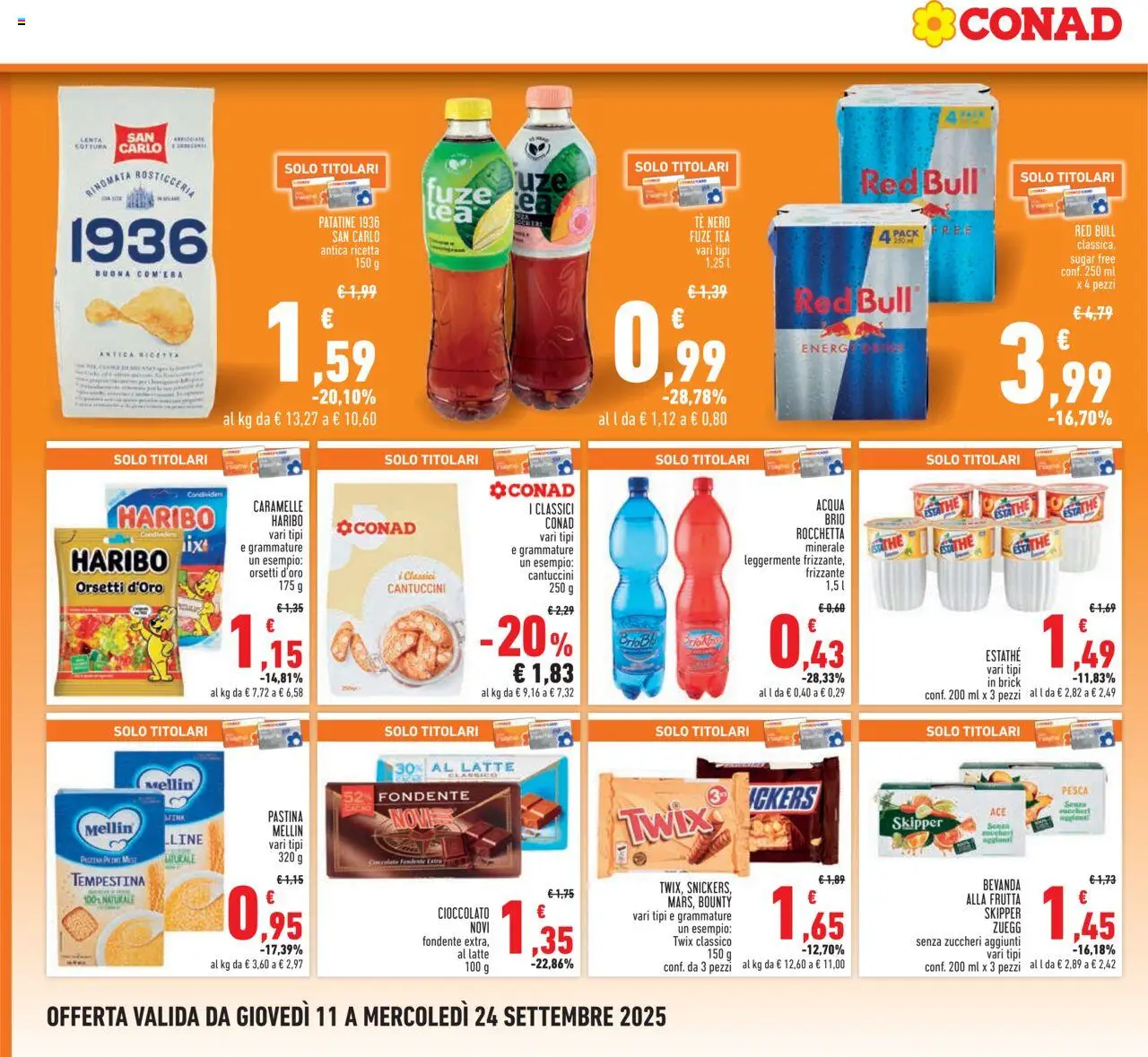Volantino Conad del 11.09.2025 | Pagina: 20 | Prodotti: Cioccolato, Patatine, Pesca, The