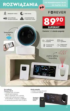Pogląd oferty "Kamera lub stacja pogody, Kamera Wi-Fi: rozdzielczość: 3.0 Mpix, szeroki kąt widzenia: 355° w poziomie, 90° w pionie, możliwość odtwarzania nagrań archiwalnych i na żywo w aplikacji, w zestawie przewód USB-C/USB-A. Stacja pogody: budzik z funkcją drzemki, w zestawie baterie." - ważna od 20.10.2025 | Strona: 17