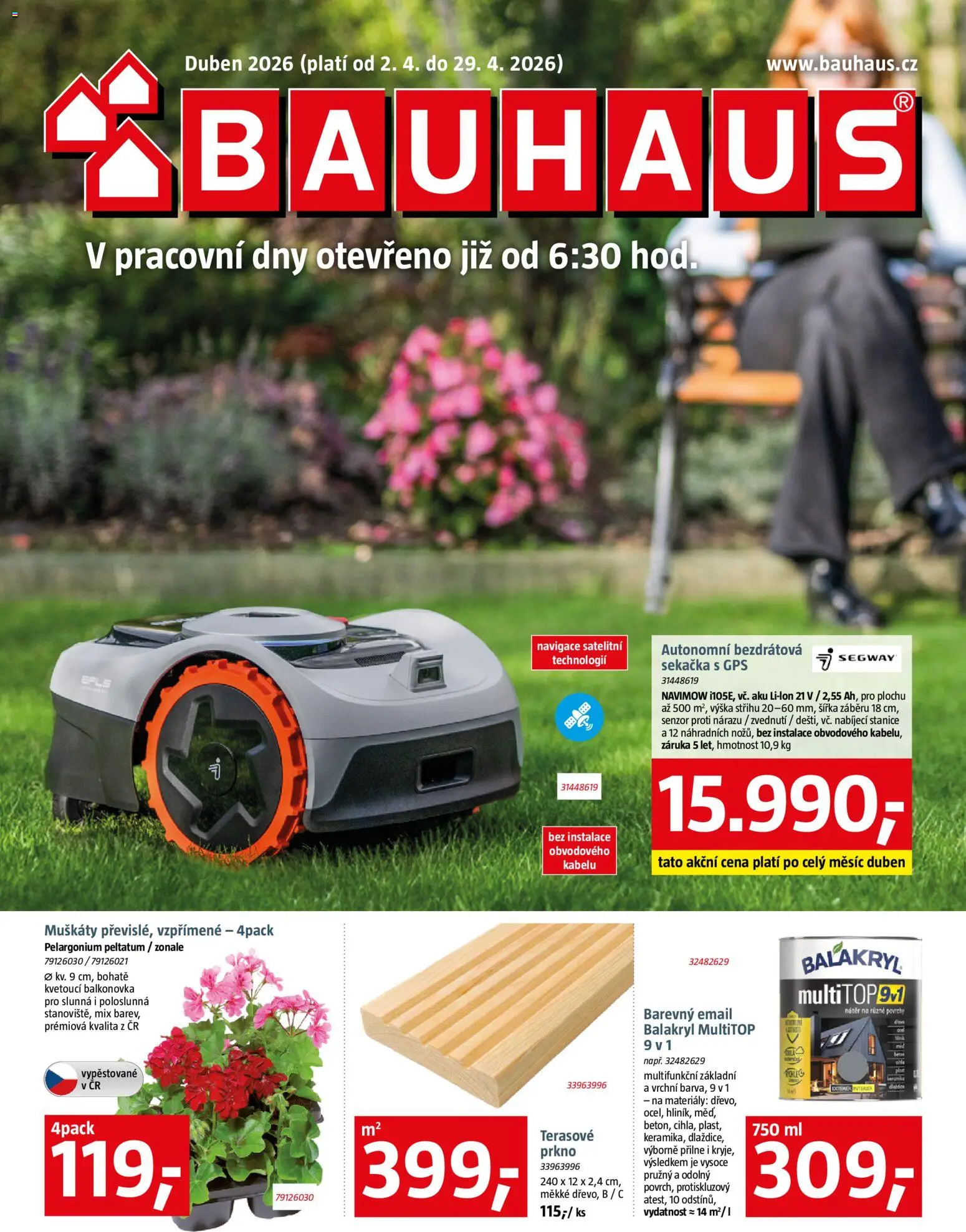 Bauhaus leták od 02.04.2026 | Strana: 1 | Produkty: Muškáty, Navigace, Sekačka