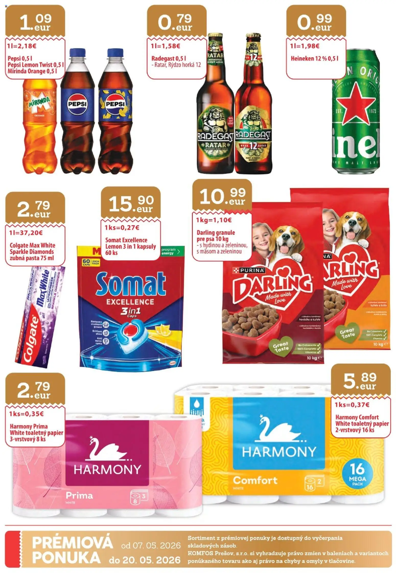 Nové CBA Komfos akcie – leták je platný od 07.05.2026 | Strana: 32 | Produkty: Darling granule, Toaletný papier, Zubná pasta, Pepsi