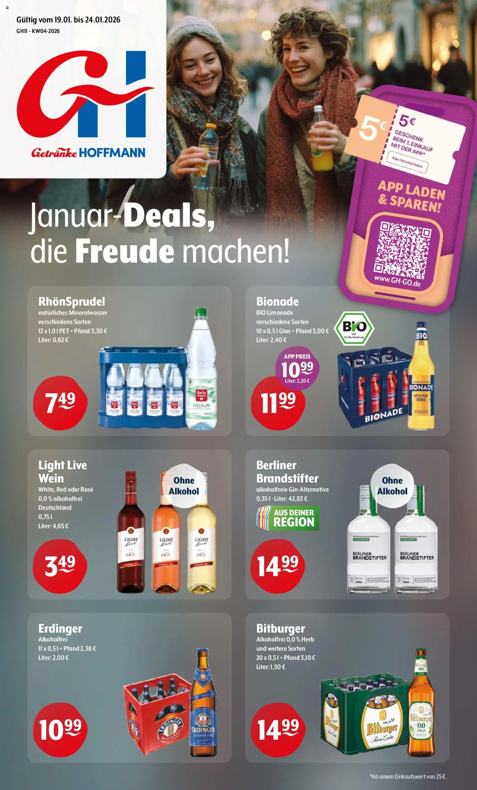 Trink und Spare Prospekt – gültig ab 19.01.2026 | Seite: 1 | Produkte: Bitburger, Erdinger, Mineralwasser, Rhonsprudel
