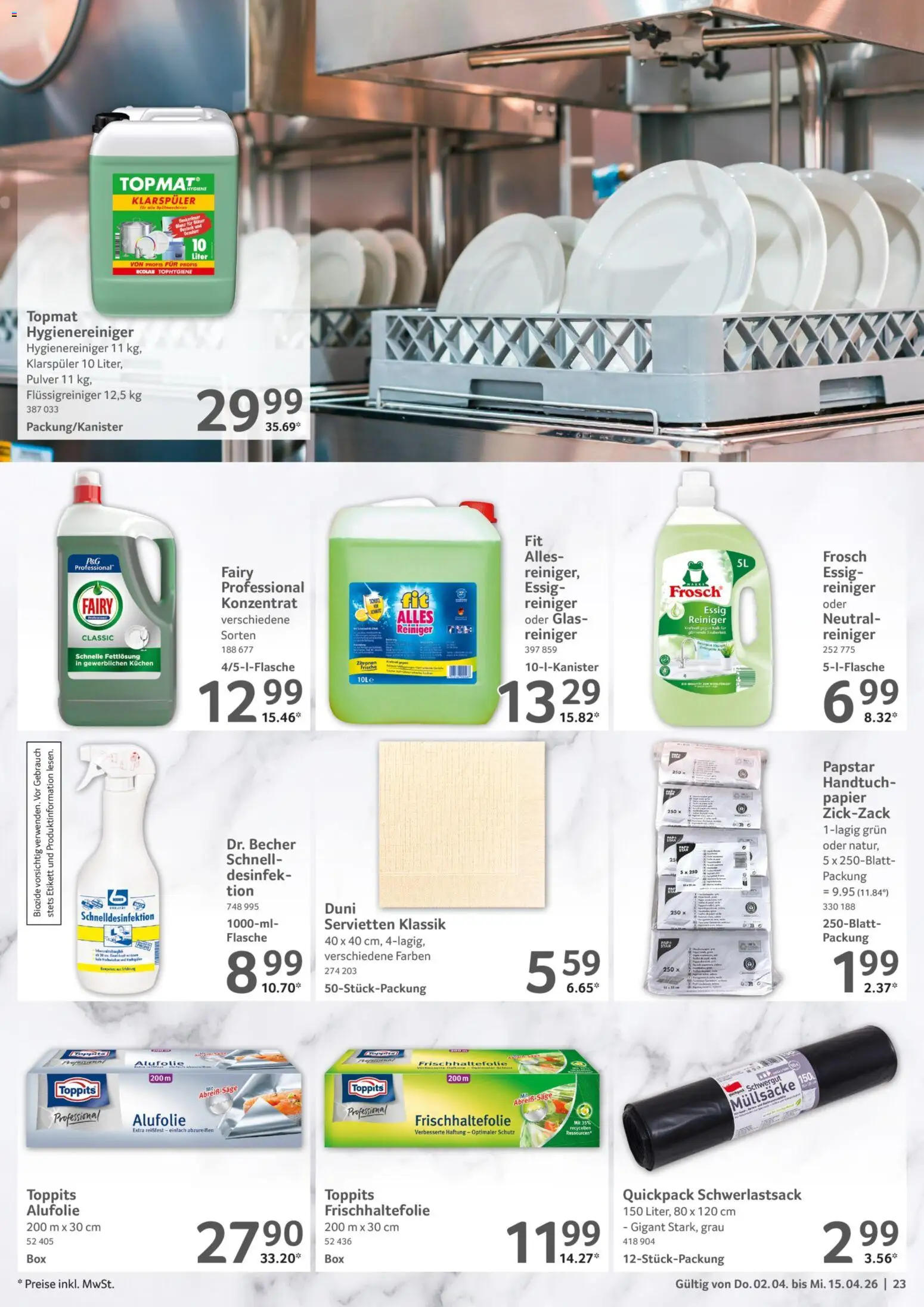 Selgros Gastronomie – gültig ab 02.04.2026 | Seite: 23 | Produkte: Essig, Klarspüler, Kuchen, Zitronen