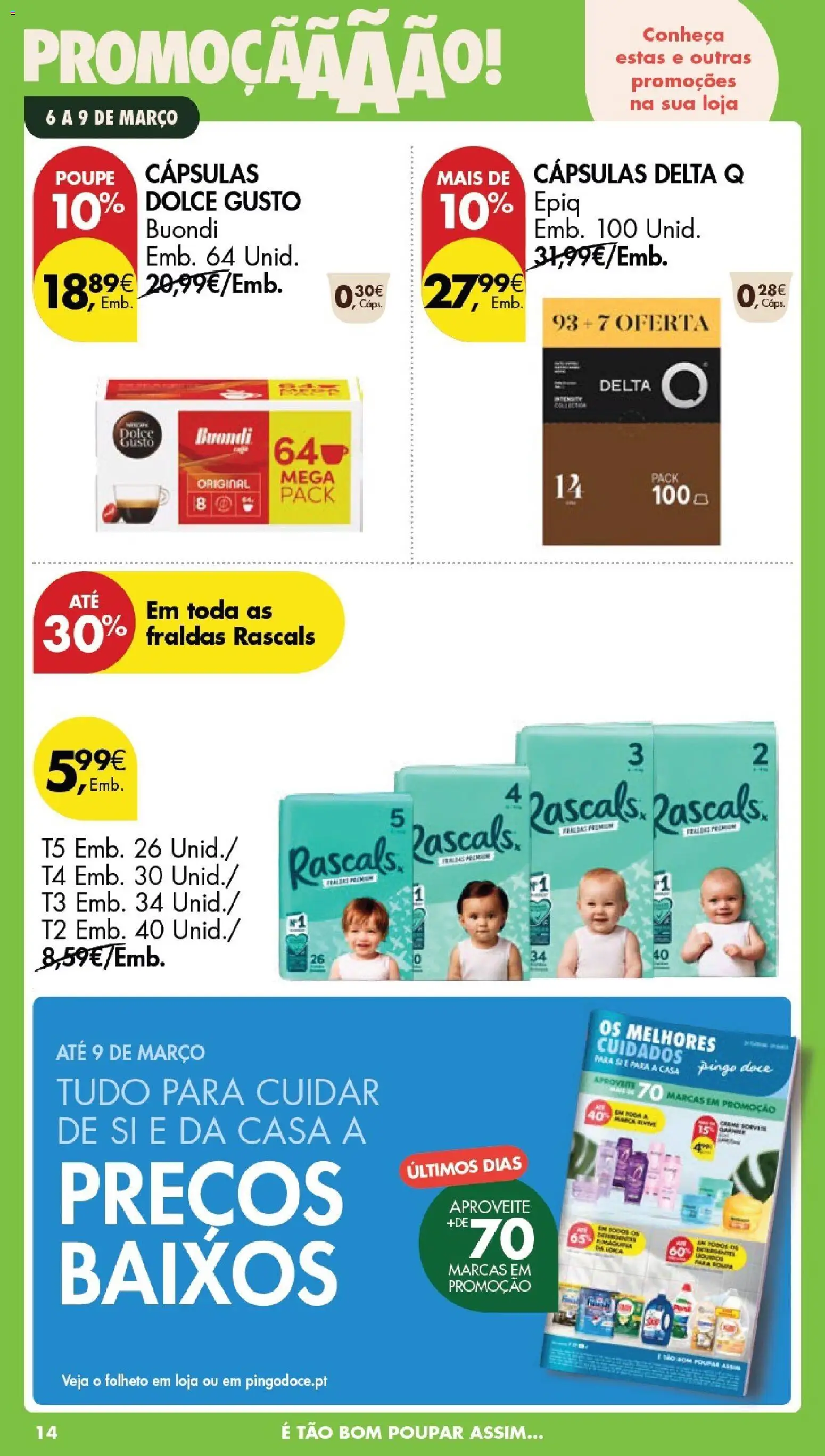Pingo Doce Poupe este Fim de Semana │ válido de 06.03.2026 | Página: 14 | Produtos: Fraldas, Delta q, Capsulas dolce gusto, Café
