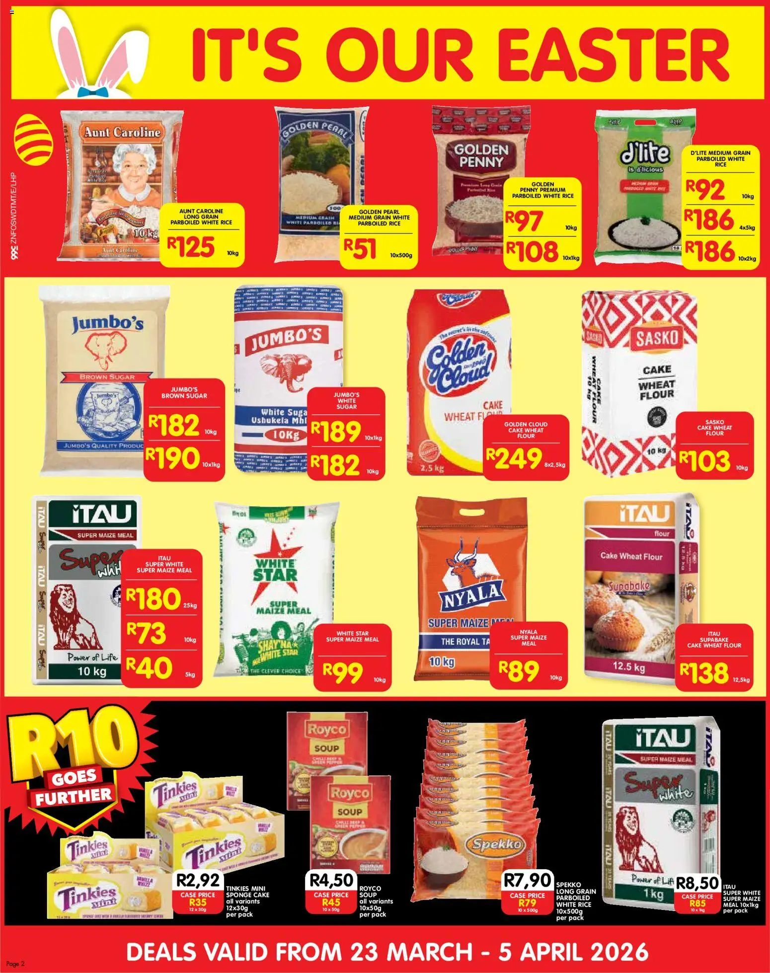 New Shoprite catalogue – valid from 23.03.2026 | Page: 2 | Products: Flour, Rice, Galette de chaise, Sugar
