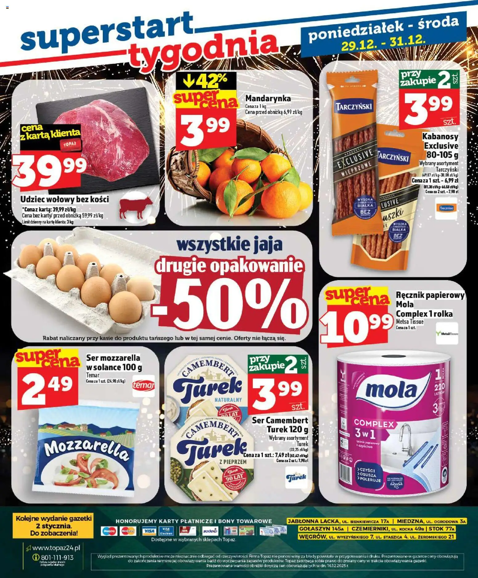 Topaz Gazetka - Ceny małe na stałe od 27.12.2025 | Strona: 30 | Produkty: Karta, Camembert, Mozzarella, Ręcznik papierowy