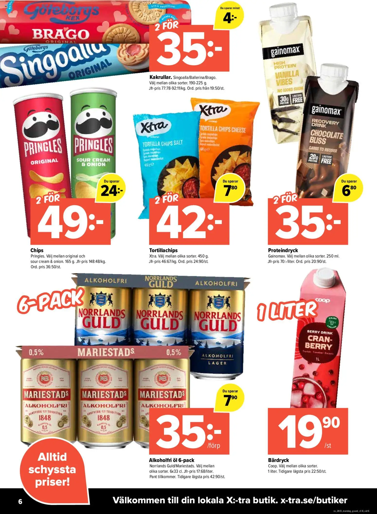 Coop X:-TRA reklamblad aktuell från 23.03.2026 | Sida: 6 | Produkter: Pringles, Salt, Tortilla, Tortillachips
