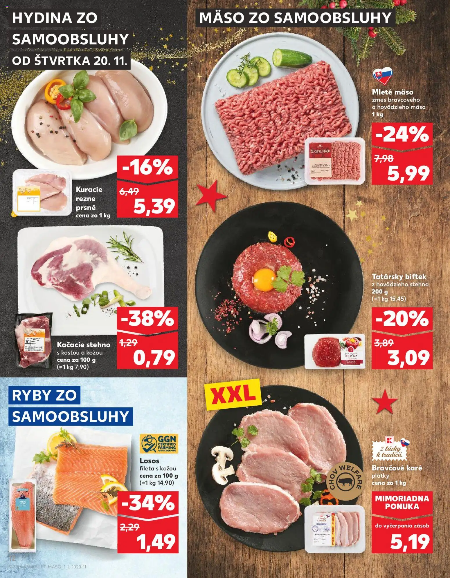 Nové Kaufland akcie – leták je platný od 20.11.2025 | Strana: 12 | Produkty: Ryby, Losos, Steak, Bravčové karé