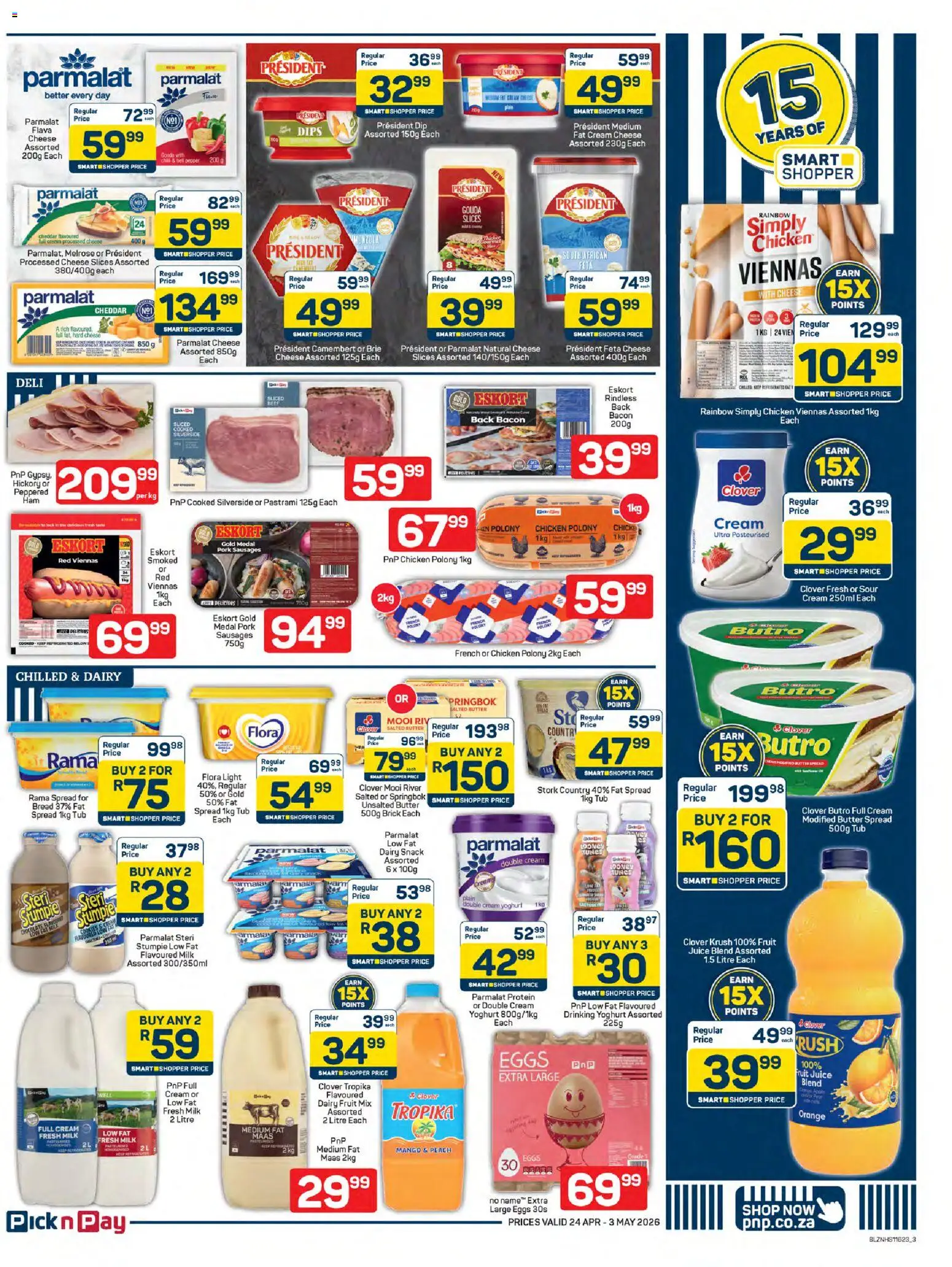 New Pick n Pay catalogue – valid from 24.04.2026 | Page: 3 | Products: Eggs, Chicken, Fat spread, Fruit