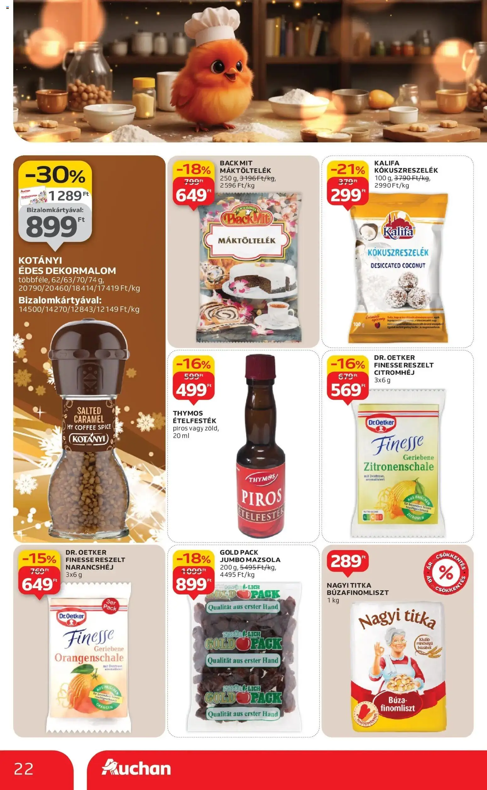 Auchan akciós ujság - amely érvényes a következő dátumtól: 18.12.2025 | Oldal: 22 | Termékek: Kókuszreszelék, Mazsola