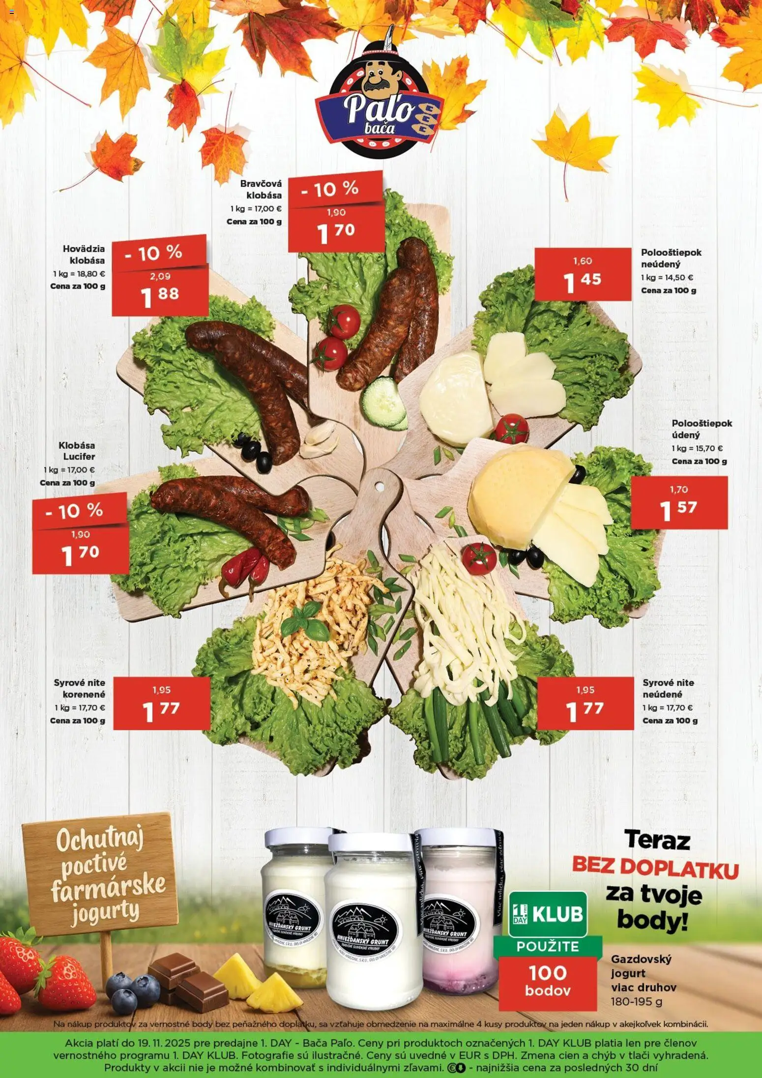 Nové 1day akcie – leták je platný od 06.11.2025 | Strana: 4 | Produkty: Jogurt, Klobása