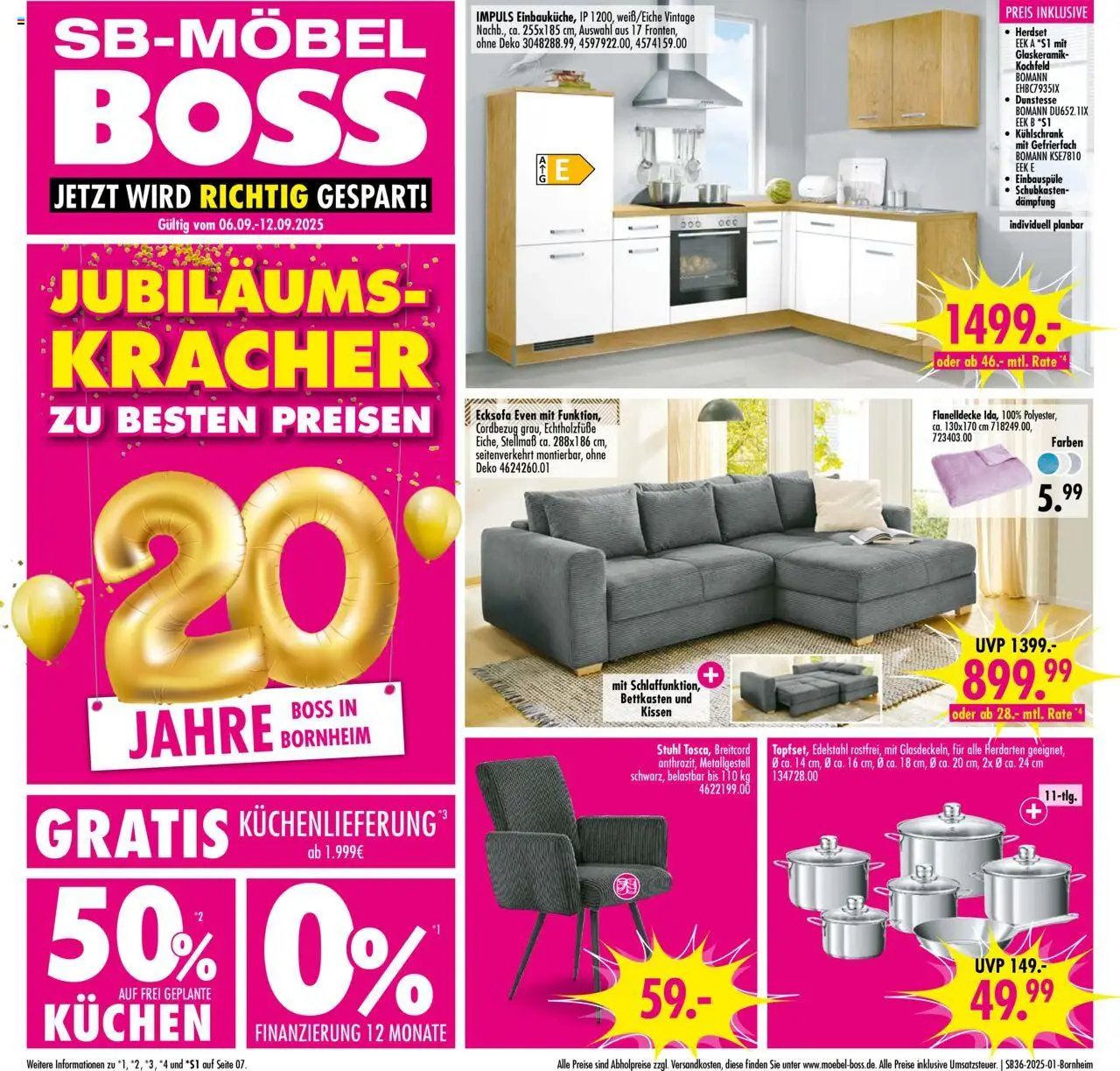 SB Möbel Boss Prospekt Bornheim	 – gültig ab 06.09.2025 | Seite: 1 | Produkte: Ecksofa, Stuhl, Kochfeld, Kuchen