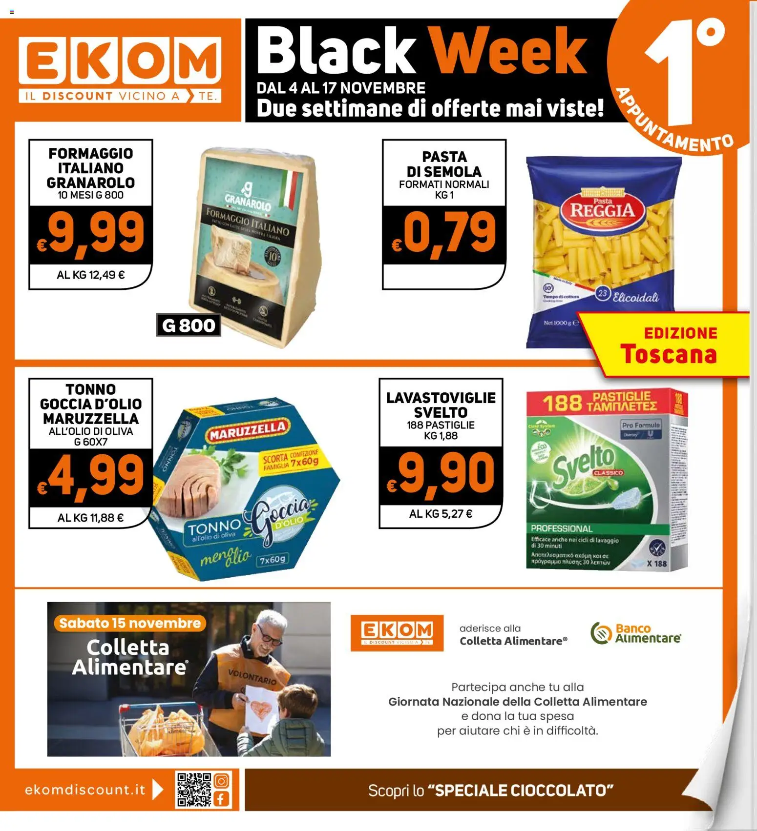 Volantino Ekom del 04.11.2025 | Pagina: 1 | Prodotti: Formaggio, Pasta, Lavastoviglie, Tonno
