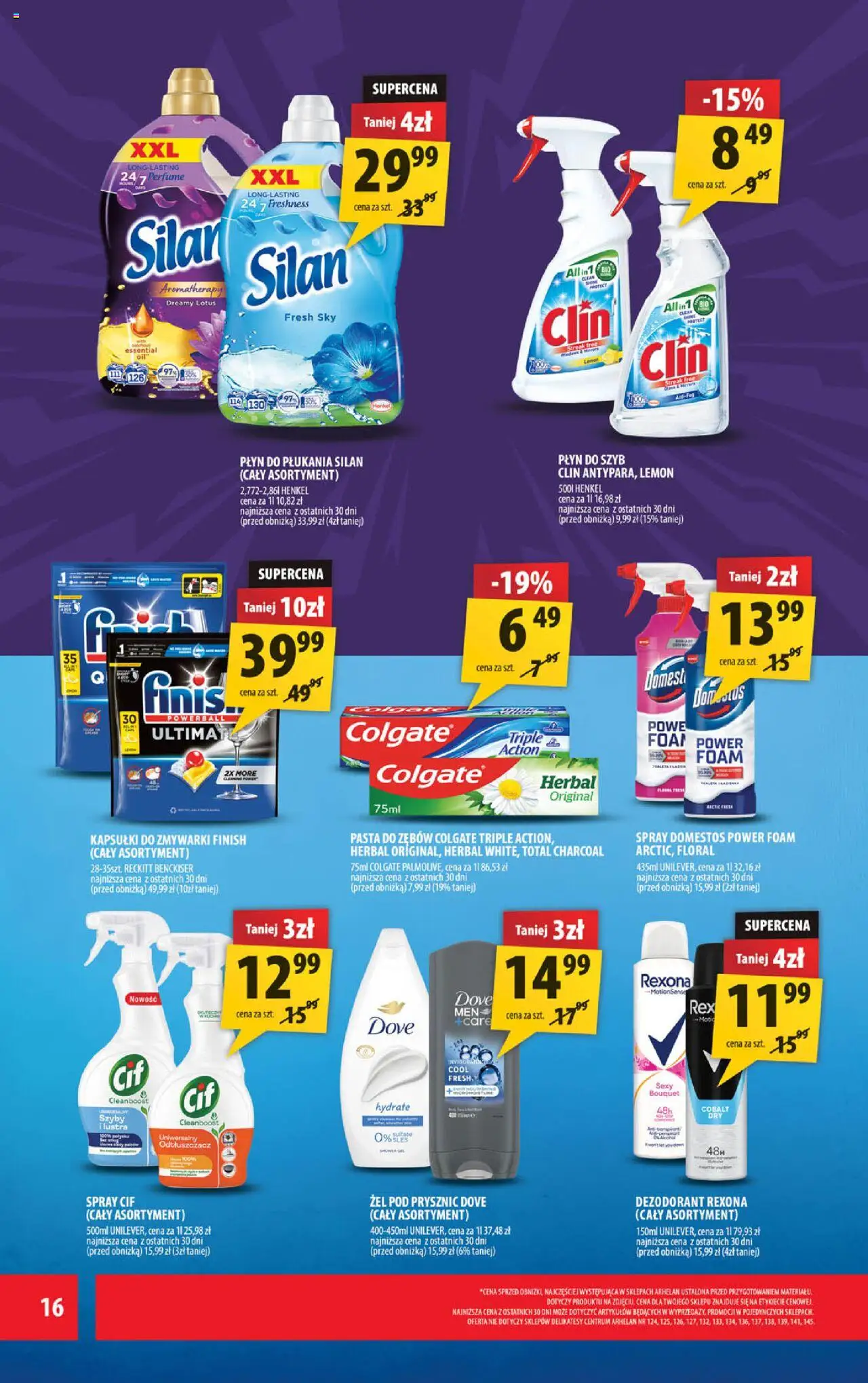 Arhelan Gazetka od 24.10.2025 | Strona: 16 | Produkty: Domestos, Żel pod prysznic, Dezodorant, Kapsułki do zmywarki