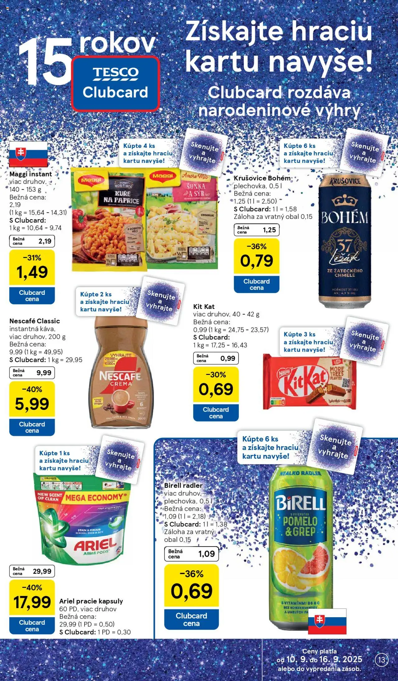 Nové Tesco akcie – leták je platný od 10.09.2025 | Strana: 13 | Produkty: Syr, Šunka, Radler, Nescafé Classic