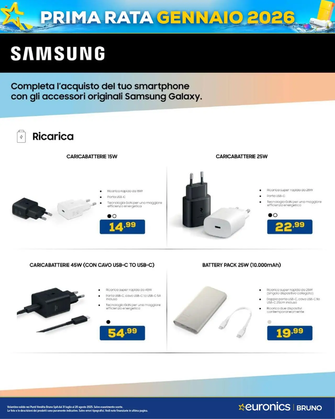 Volantino Euronics del 31.07.2025 | Pagina: 39 | Prodotti: Smartphone, Cavo, Caricabatterie, Samsung