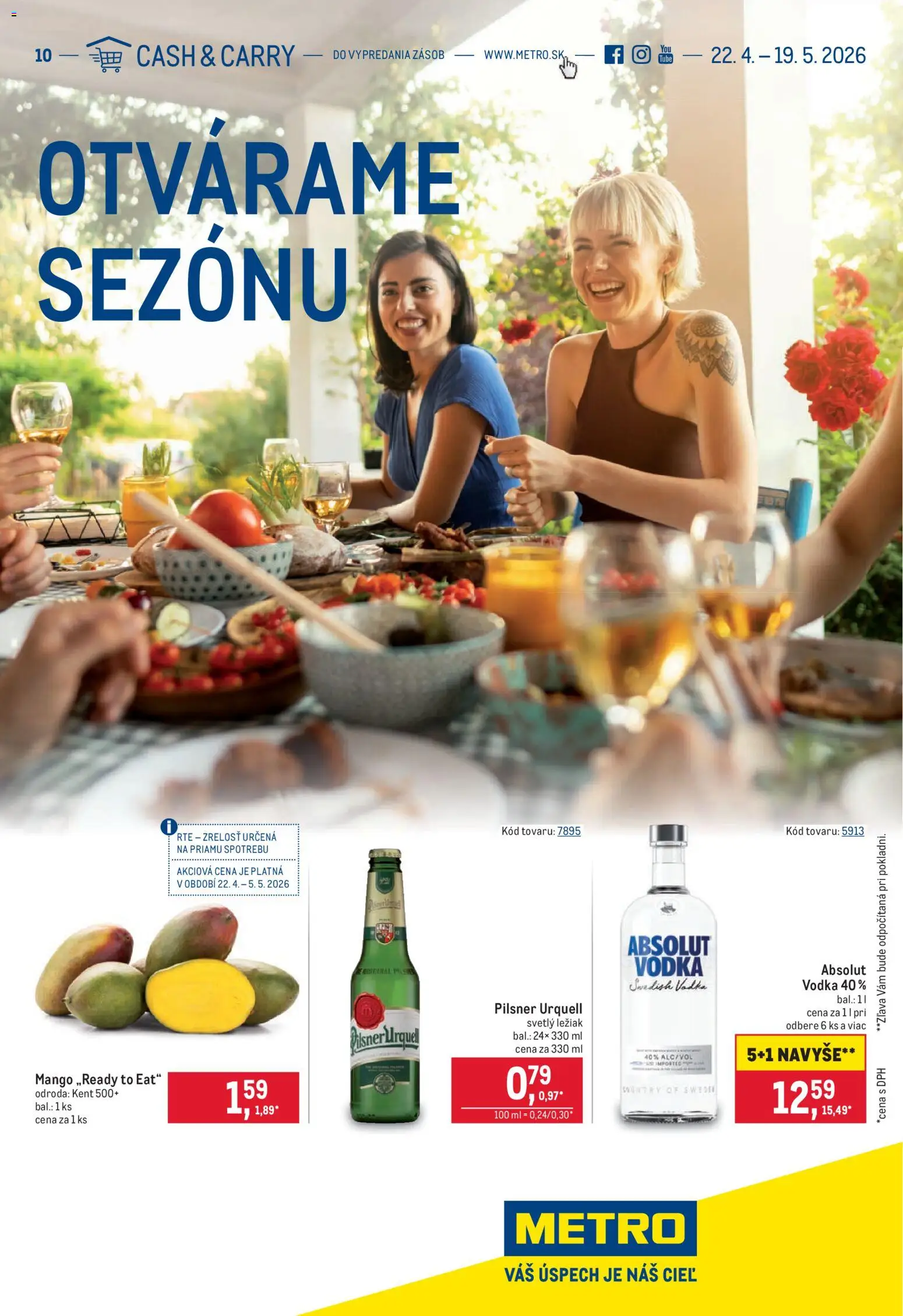 Nové Metro akcie – leták je platný od 22.04.2026 | Strana: 1 | Produkty: Pilsner Urquell, Vodka, Absolut vodka, Mango