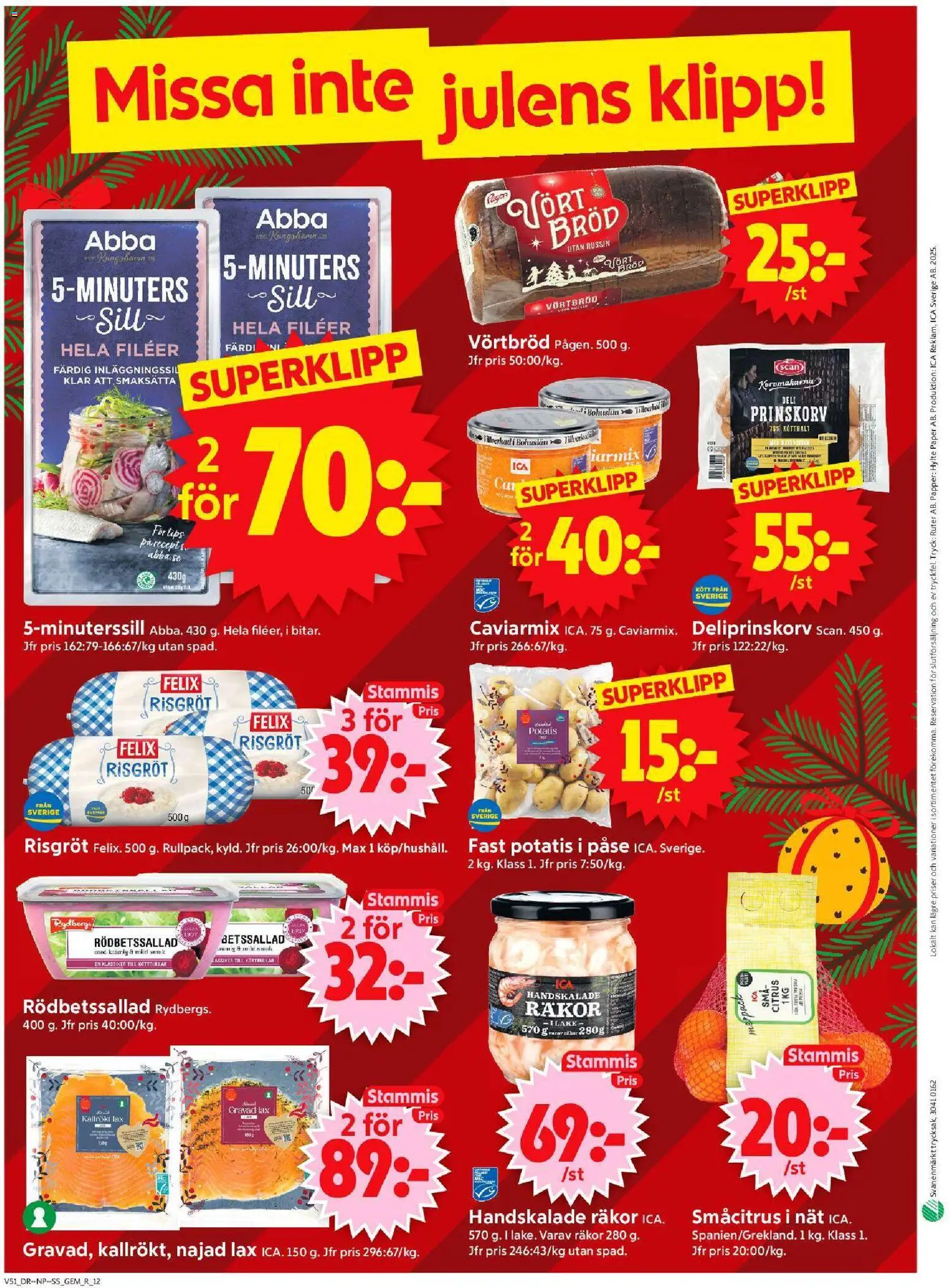 ICA Supermarket reklamblad aktuell från 15.12.2025 | Sida: 14 | Produkter: Prinskorv, Räkor, Bröd, Potatis