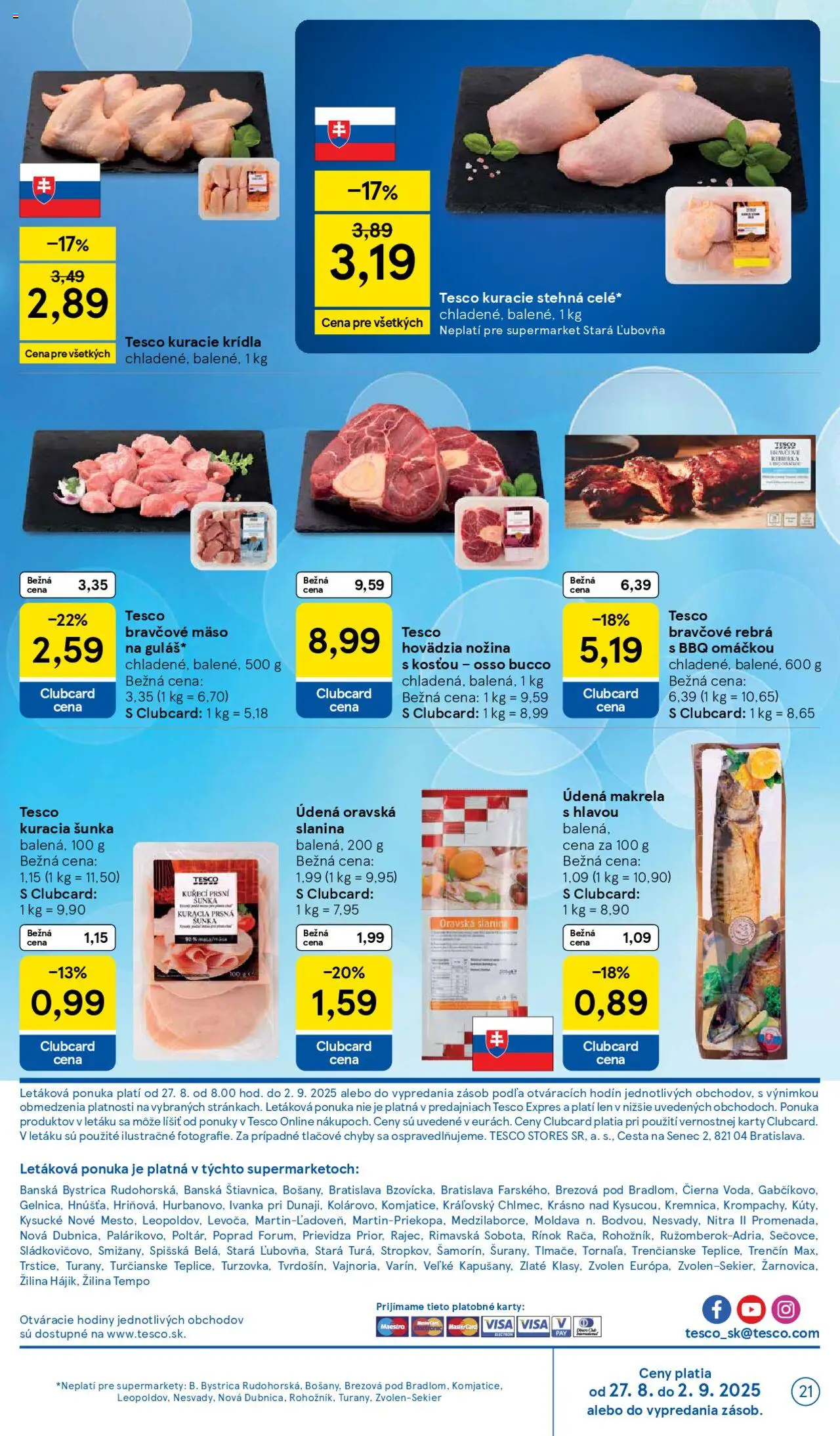 Tesco Supermarket - leták │ platný od 27.08.2025 | Strana: 21 | Produkty: Hodiny, Šunka, Slanina, Kuracie stehná