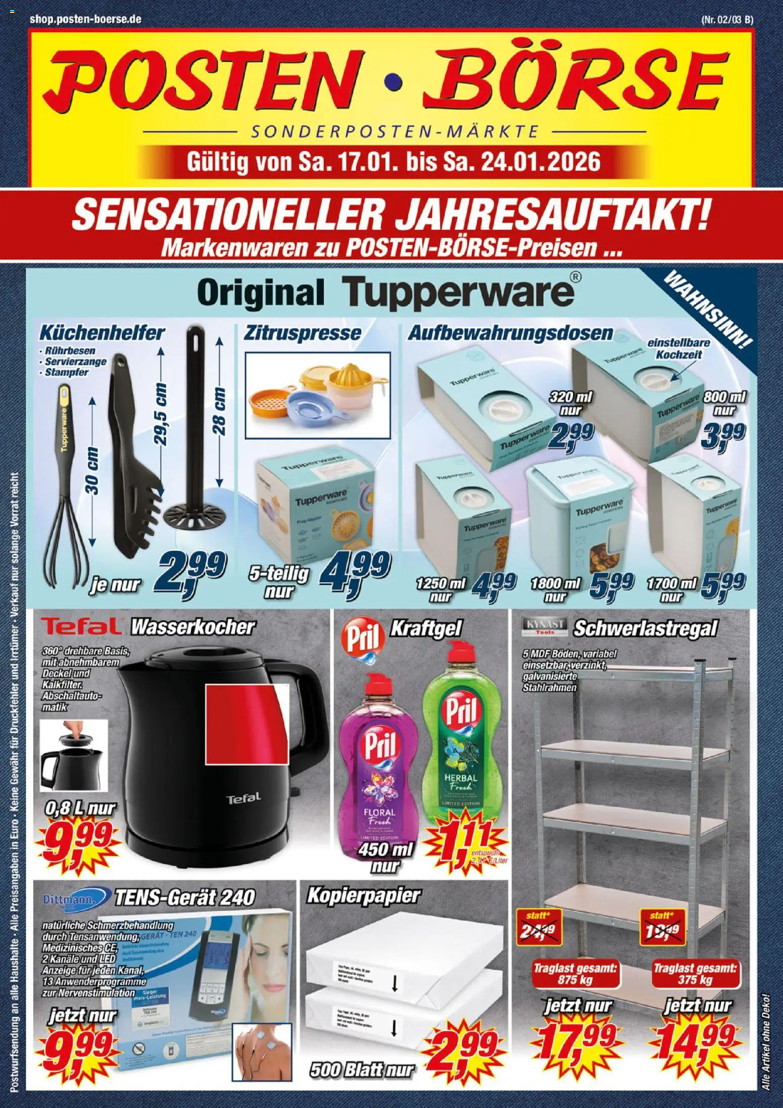 Posten Börse Prospekt – gültig ab 17.01.2026 | Seite: 1 | Produkte: Wasserkocher, Rührbesen, Schwerlastregal, Pril