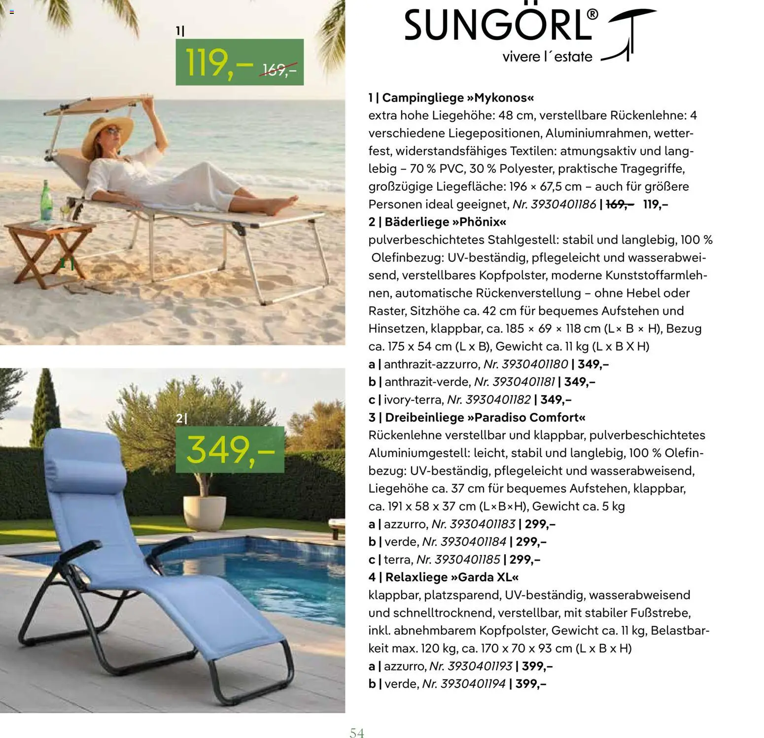 Pflanzen-Kölle GARTENMÖBEL 2026 – gültig ab 07.03.2026 | Seite: 54 | Produkte: Gewicht, Relaxliege
