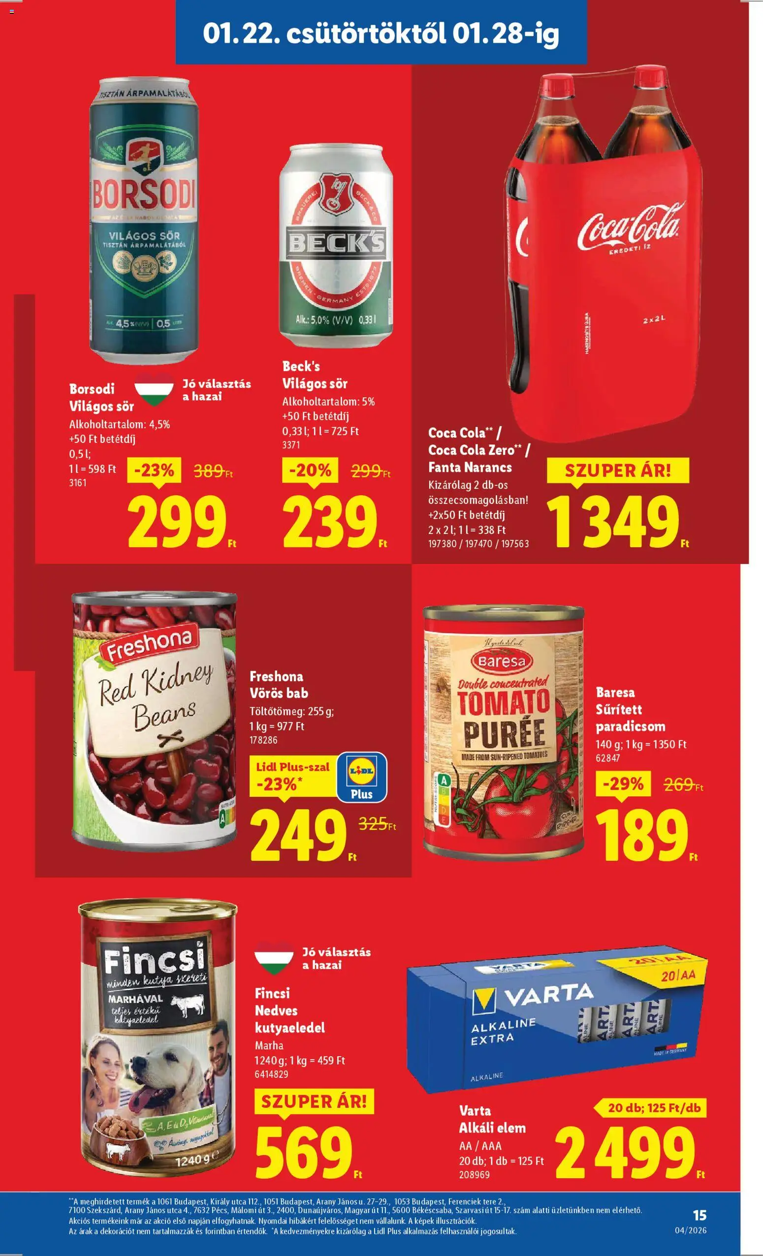 Lidl akciós ujság - amely érvényes a következő dátumtól: 22.01.2026 | Oldal: 15 | Termékek: Sűrített paradicsom, Cola, Sör, Narancs