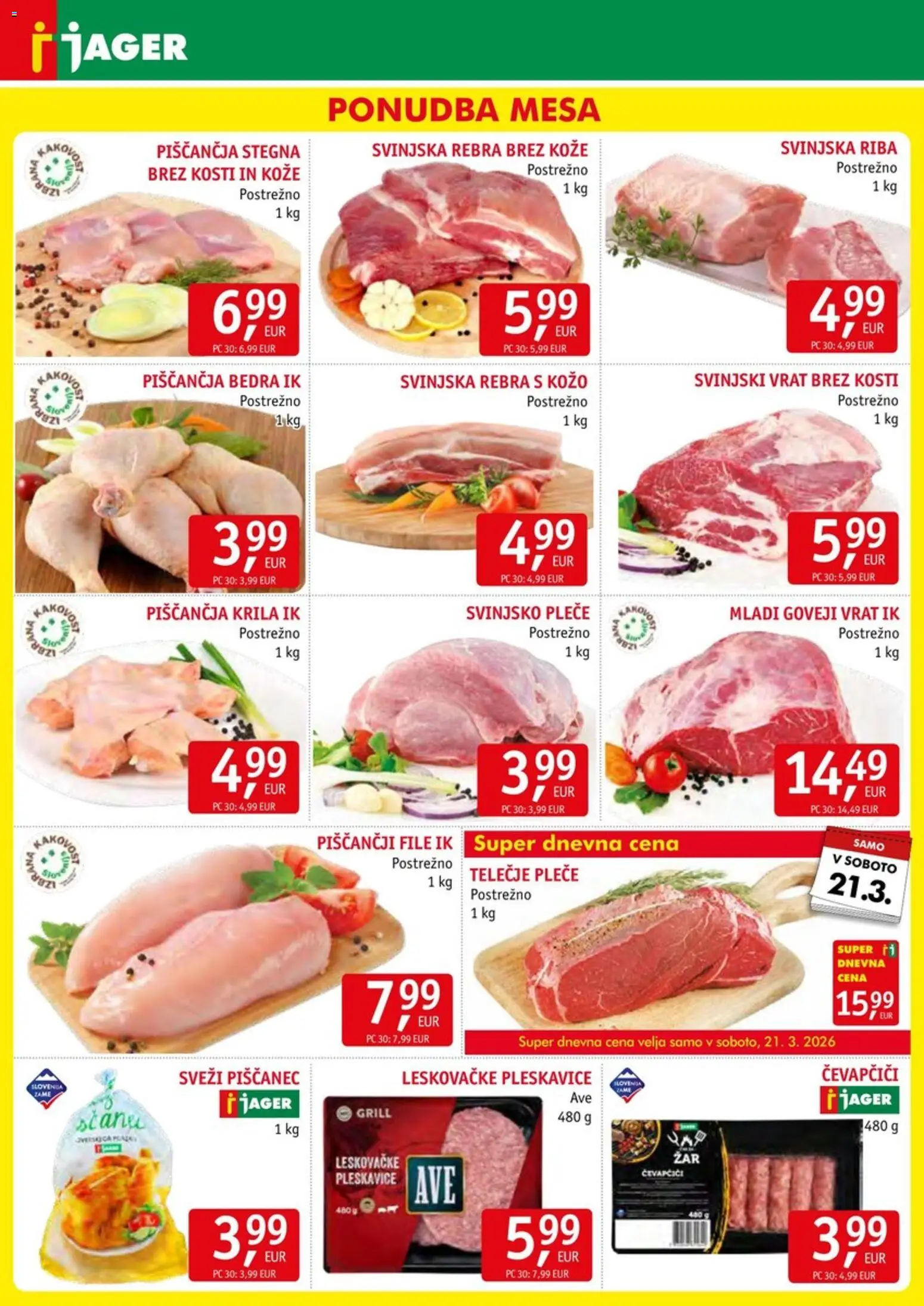 Novi Jager katalog ponudbe – veljaven od 18.03.2026 | Stran: 3 | Izdelki: Čevapčiči, Piščančja bedra, Pleskavice, Riba