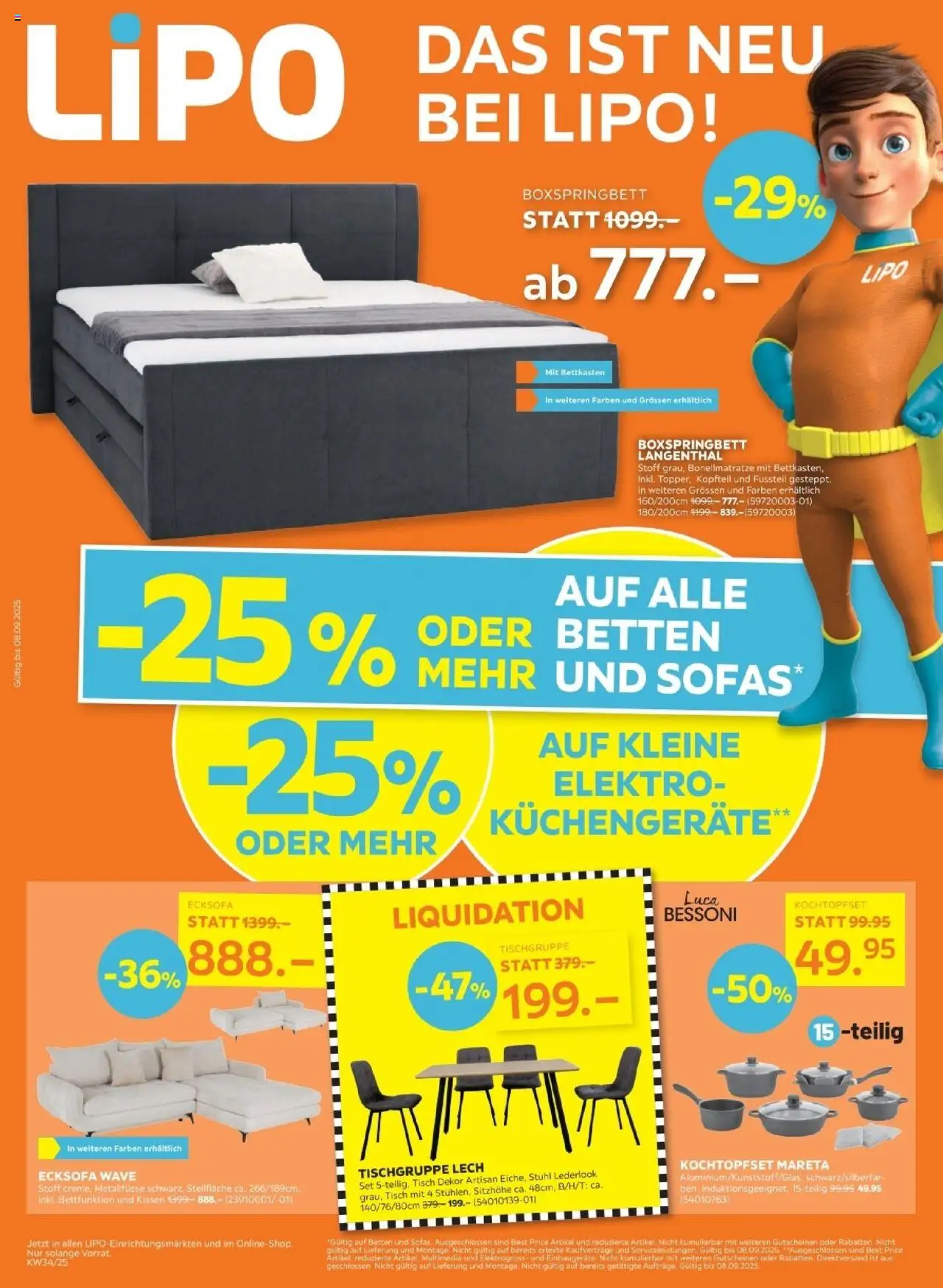 Lipo Aktionen ab 19.08.2025 | Seite: 1 | Produkte: Tisch, Kissen, Stuhl, Boxspringbett