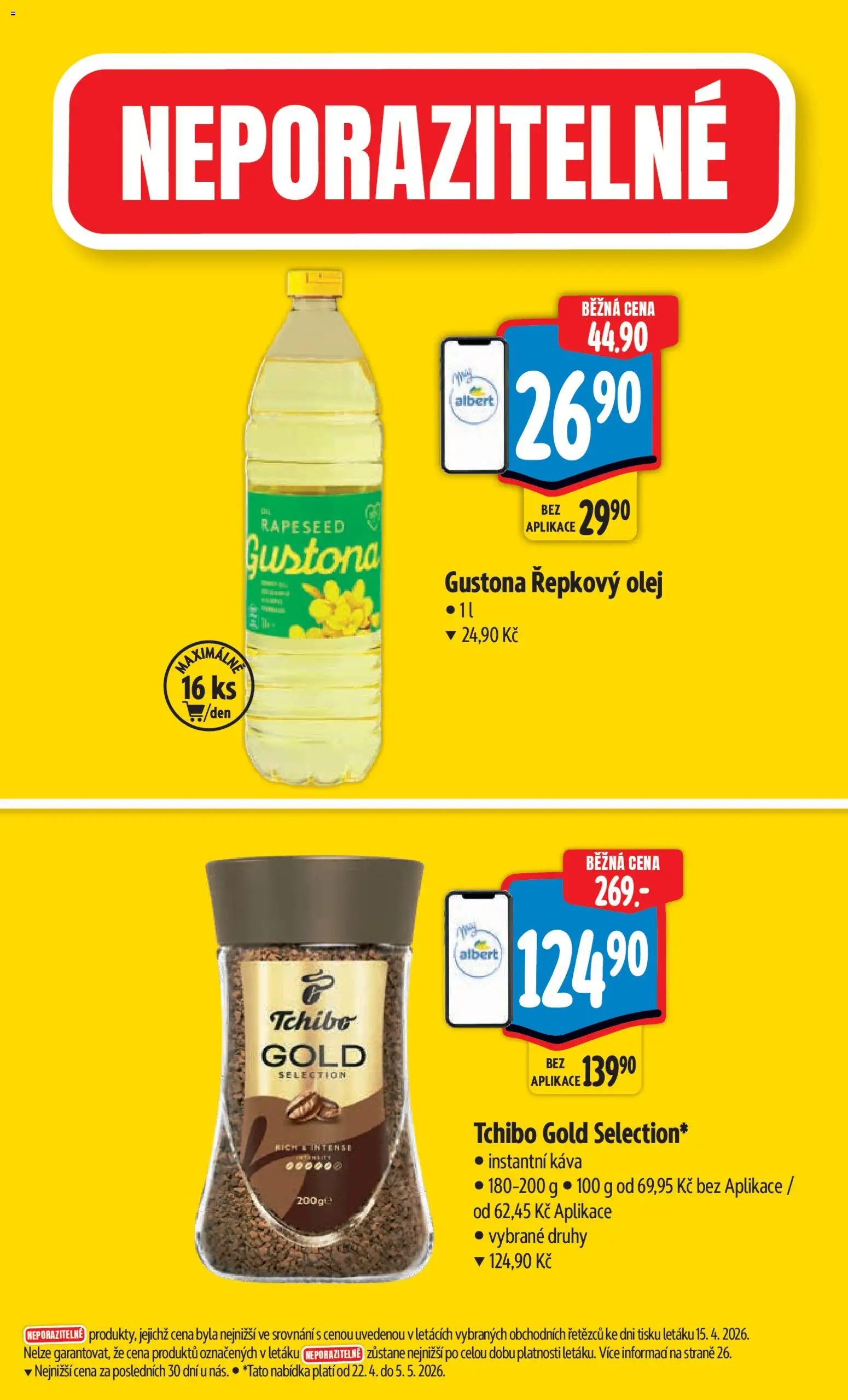 Albert leták - Hypermarket od 22.04.2026 | Strana: 4 | Produkty: Olej, Káva, Řepkový olej, Tchibo Gold