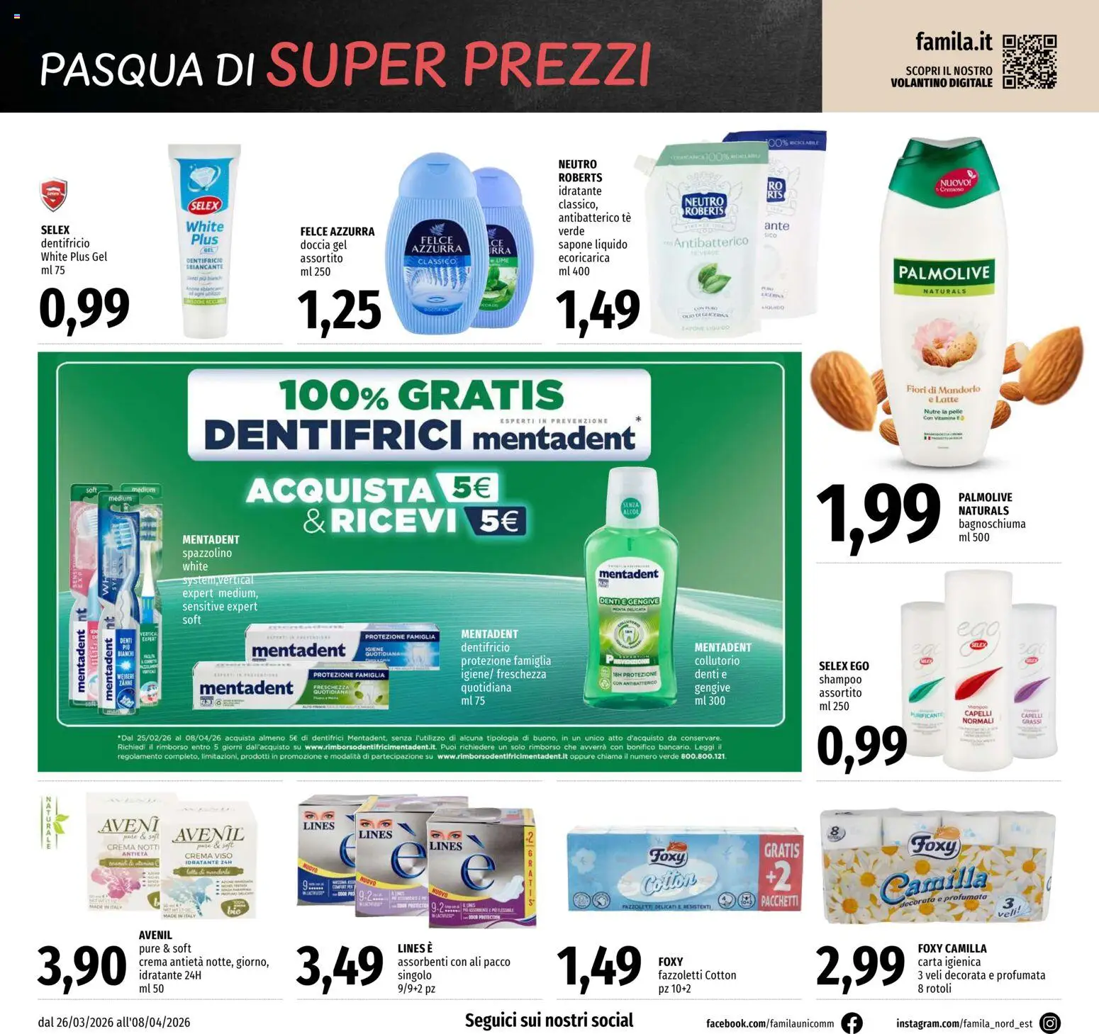 Volantino Famila del 26.03.2026 | Pagina: 22 | Prodotti: Dentifricio, Fazzoletti, Olio, Doccia