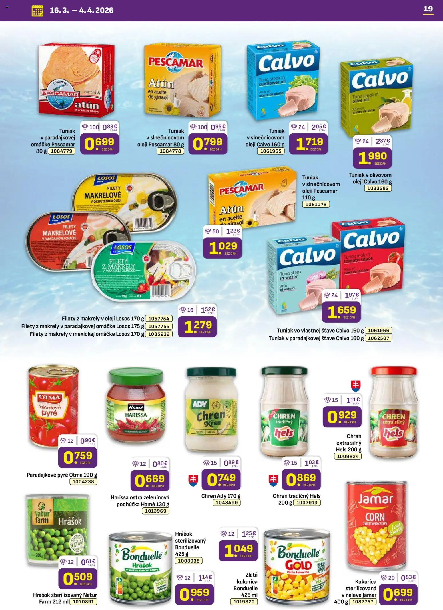 Nové Libex akcie – leták je platný od 16.03.2026 | Strana: 19 | Produkty: Tuniak, Losos, Steak, Kukurica