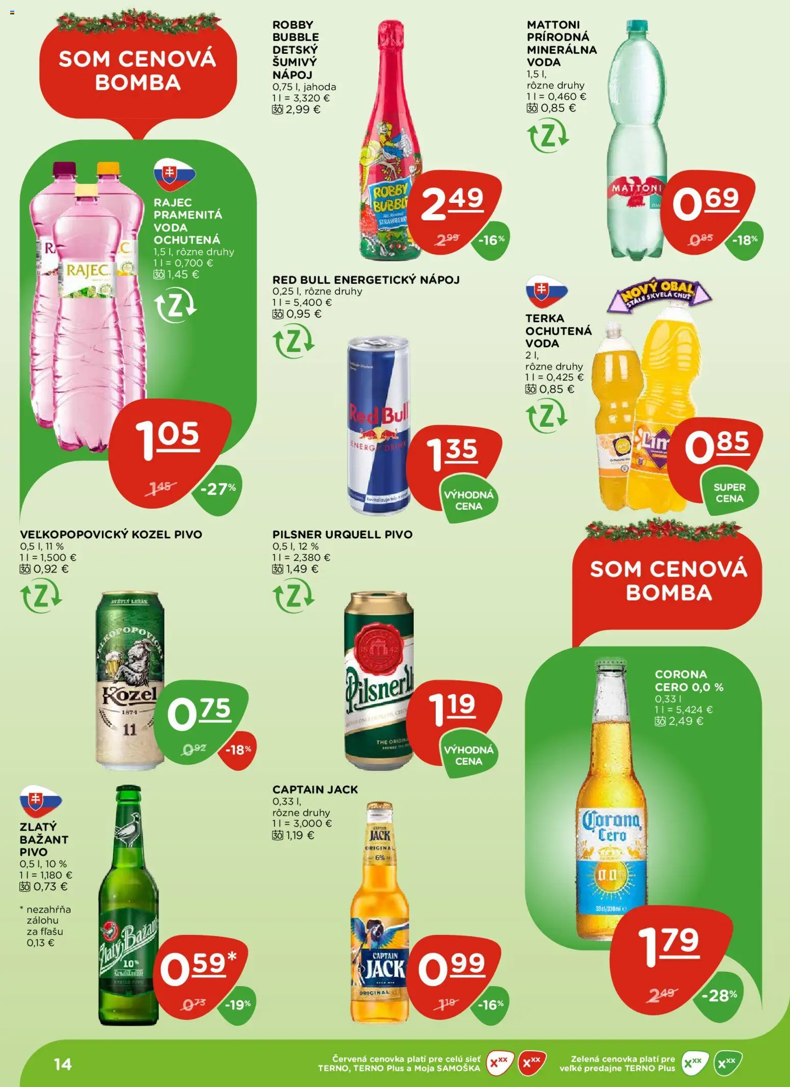 Nové Terno akcie – leták je platný od 18.12.2025 | Strana: 14 | Produkty: Pivo, Pilsner Urquell, Rajec, Energetický nápoj
