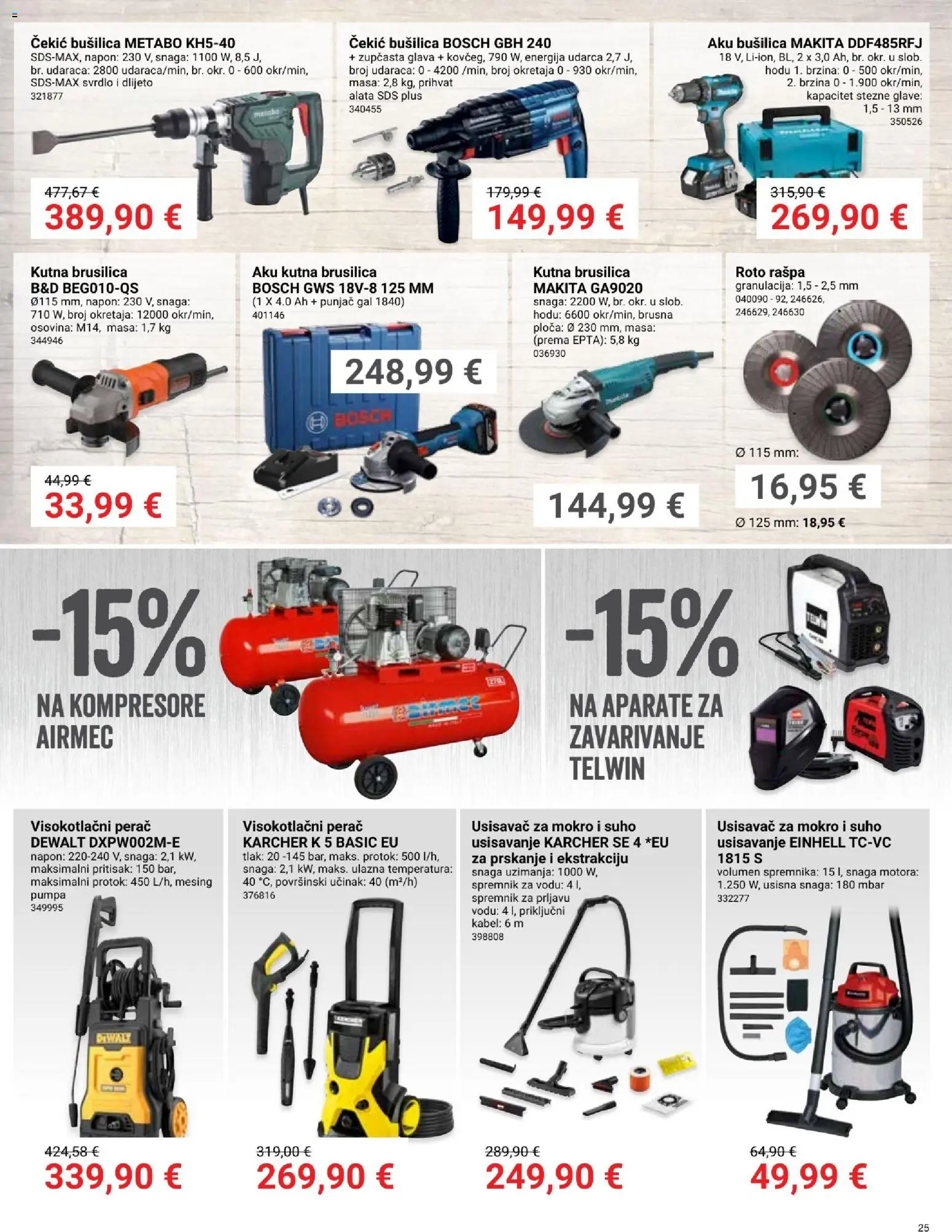Pevex katalog | vrijedi od 05.03.2026 | Stranica: 25 | Proizvodi: Visokotlačni perač, Kutna brusilica, Aku bušilica, Kärcher