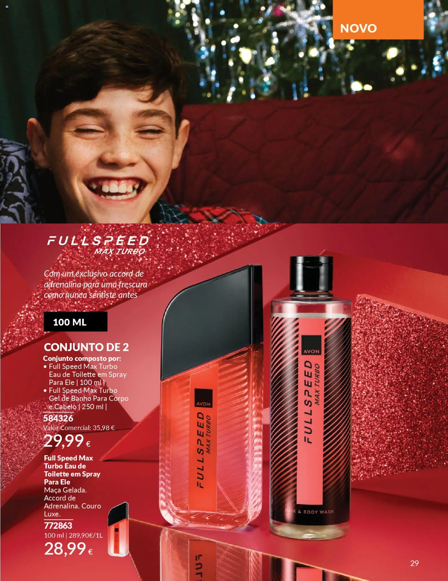 Avon - Um Natal alergre e radiante │ válido de 12.11.2025 | Página: 29 | Produtos: Eau de toilette, Gel de banho, Banho, Maça