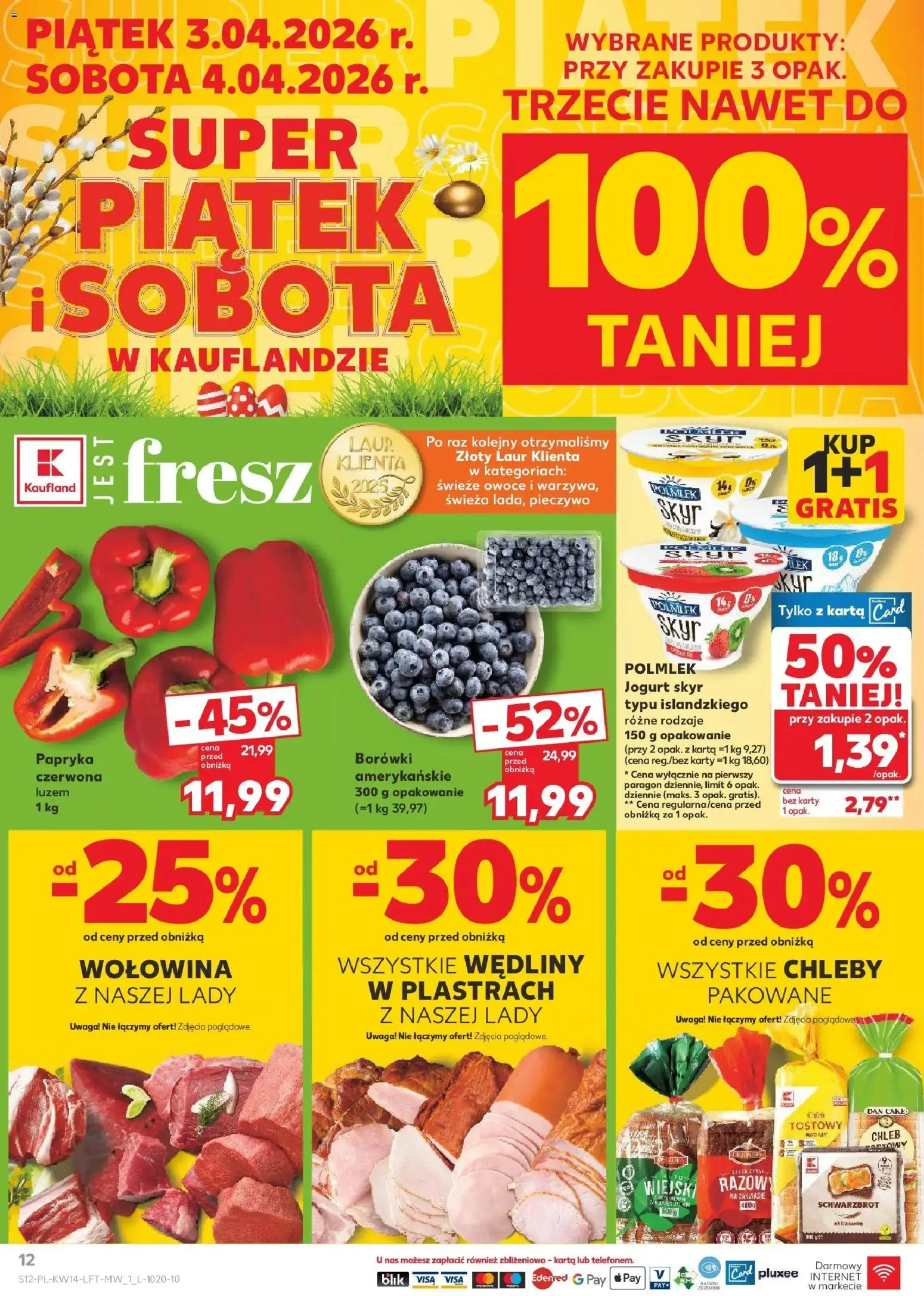 Kaufland gazetka od 01.04.2026 | Strona: 12 | Produkty: Karta, Jogurt, Chleb, Wołowina