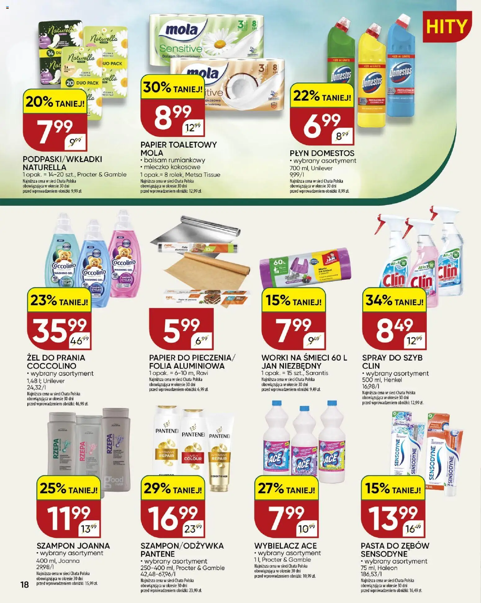 Chata Polska gazetka od 12.03.2026 | Strona: 18 | Produkty: Coccolino, Worki na śmieci 60 l, Domestos, Pasta do zębów