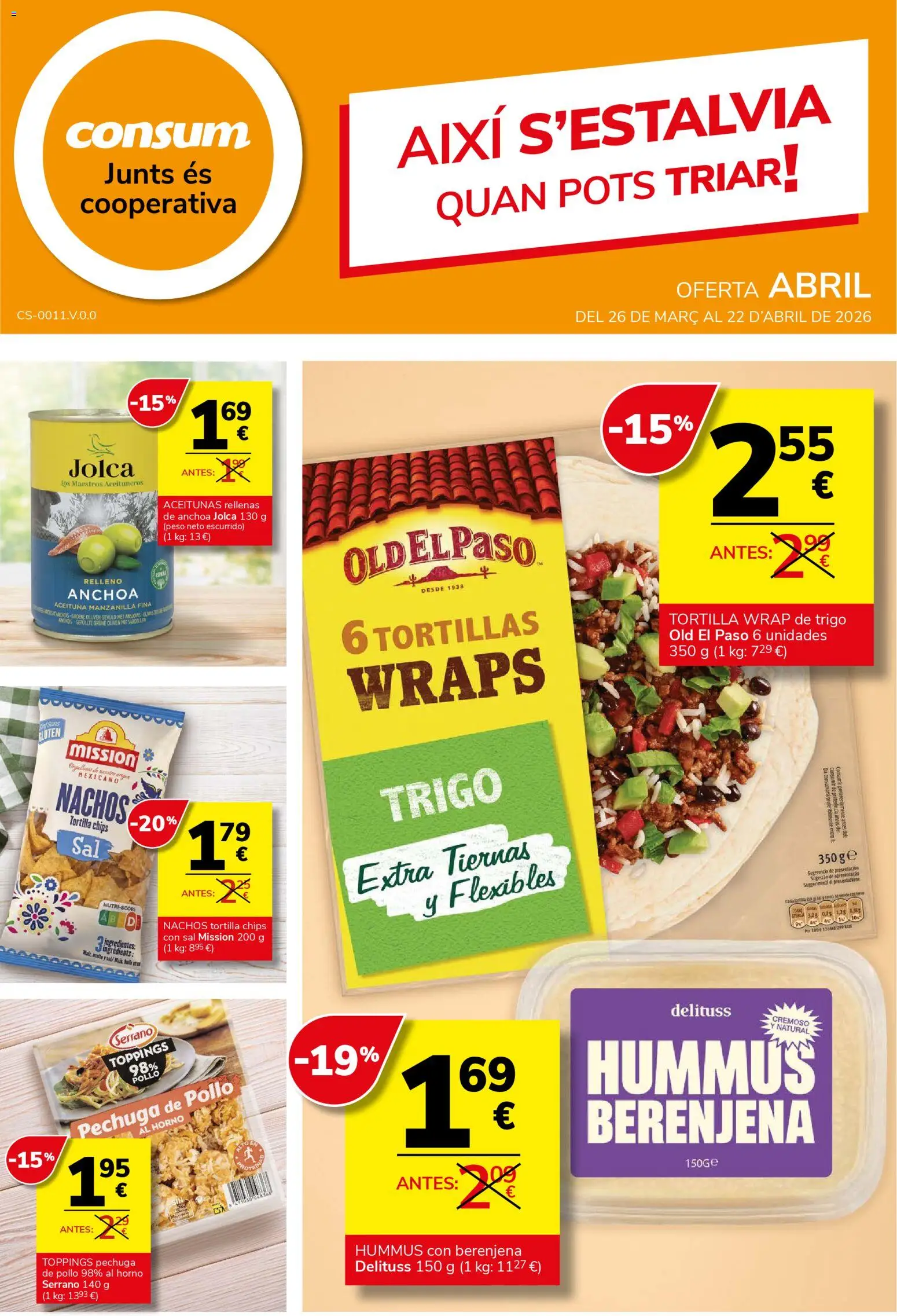 Consum folleto │ válido desde el 26.03.2026 | Página: 1 | Productos: Καλτσάκια μισά, Horno, Peso, Anchoa