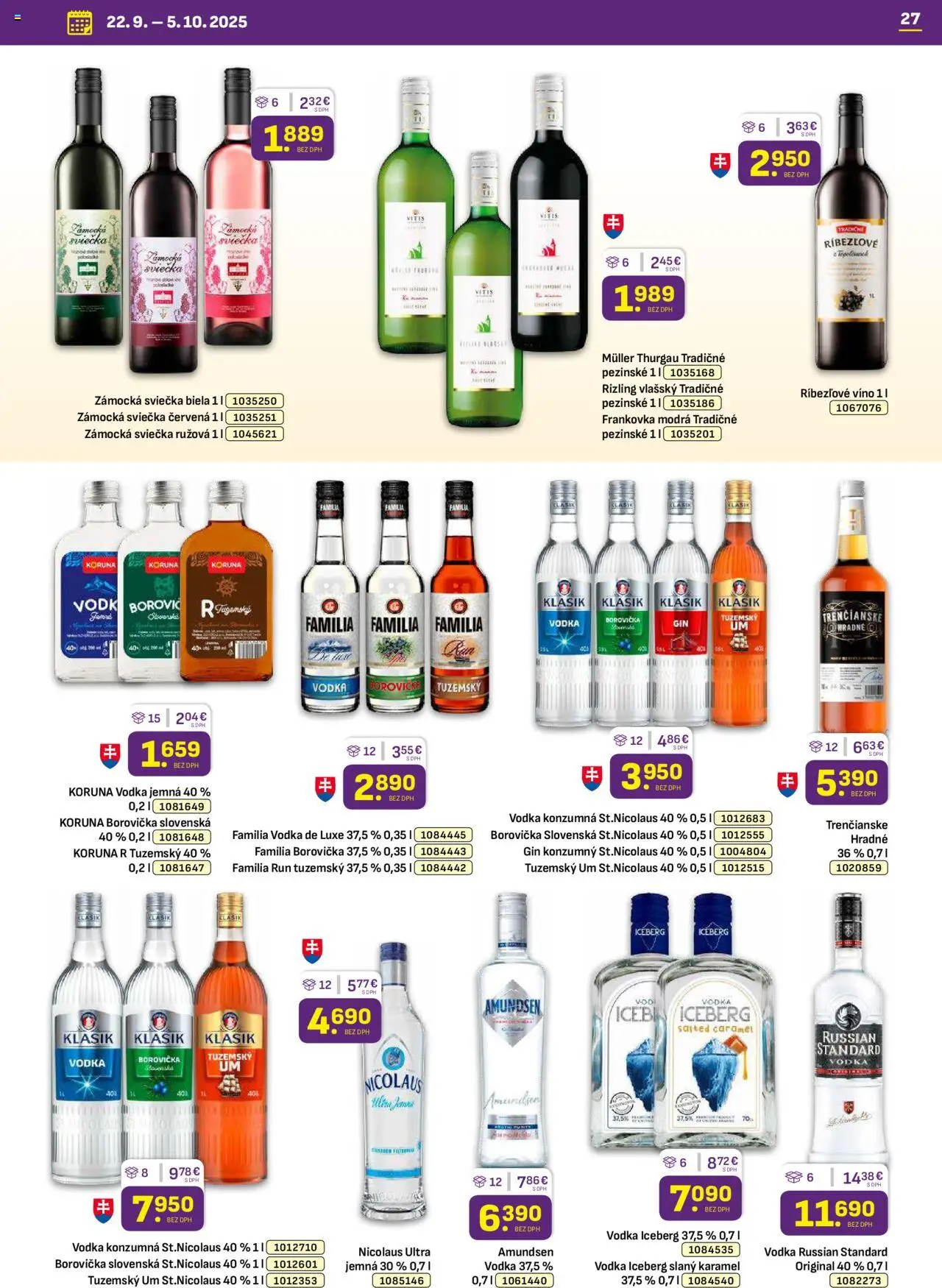 Nové Libex akcie – leták je platný od 22.09.2025 | Strana: 27 | Produkty: Víno, Ríbezľové víno, Gin, Vodka