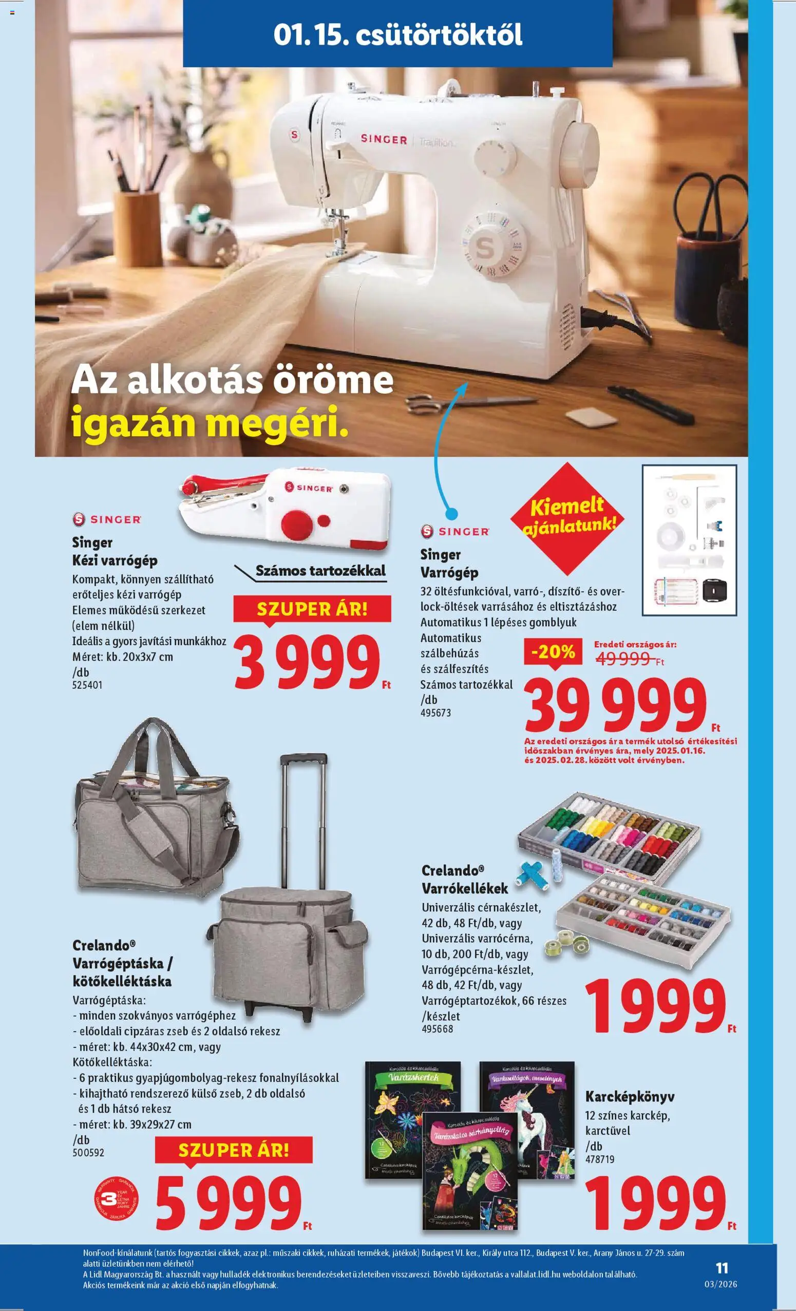 Lidl akciós ujság - amely érvényes a következő dátumtól: 15.01.2026 | Oldal: 11 | Termékek: Játékok, Varrógép, Rendszerező